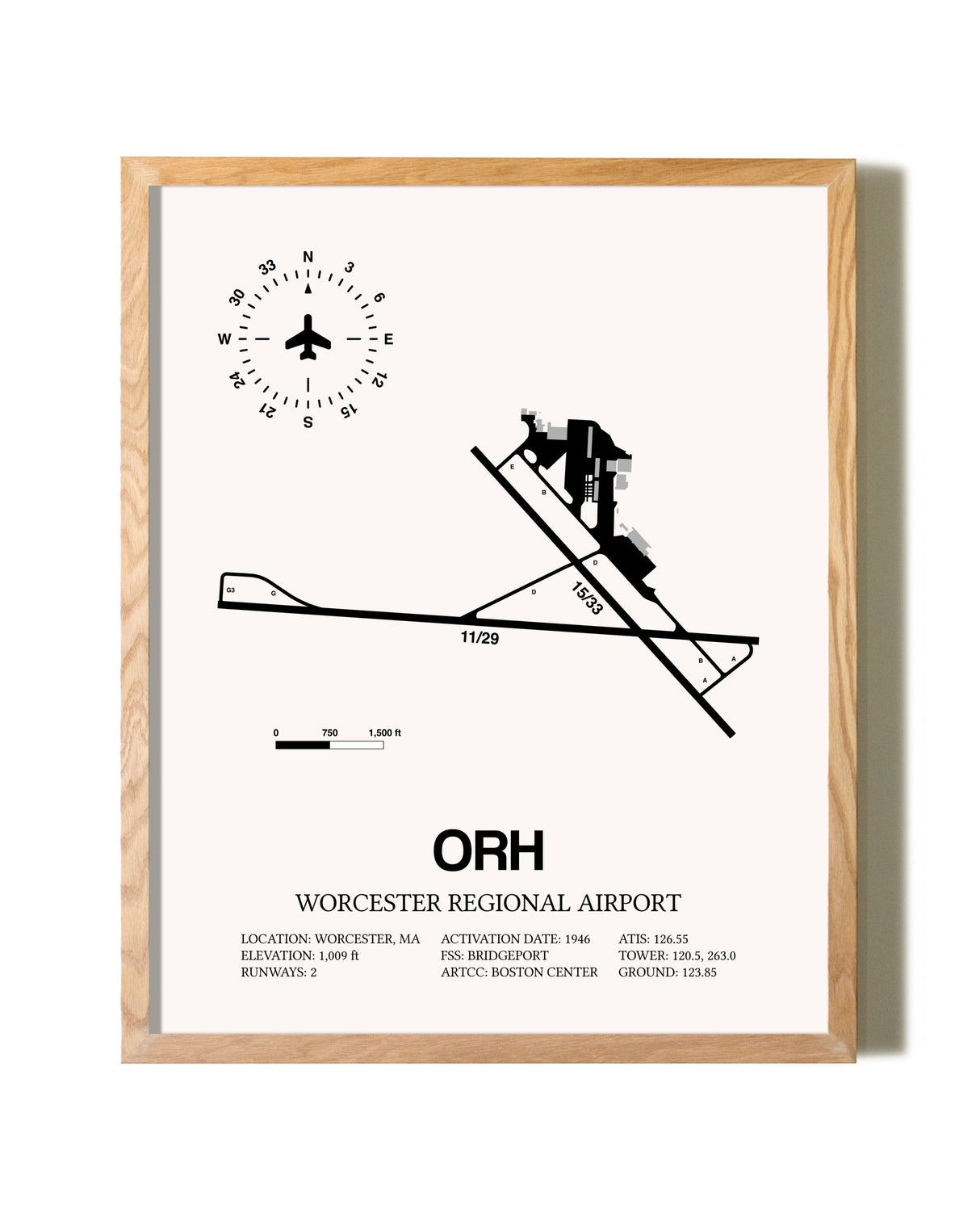 Worcester Regional Airport framed print in natural wood frame