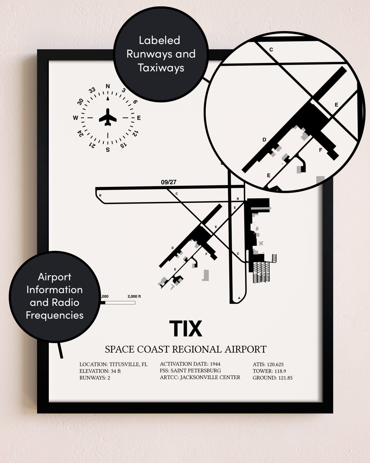 Framed Space Coast Regional Airport layout wall art poster