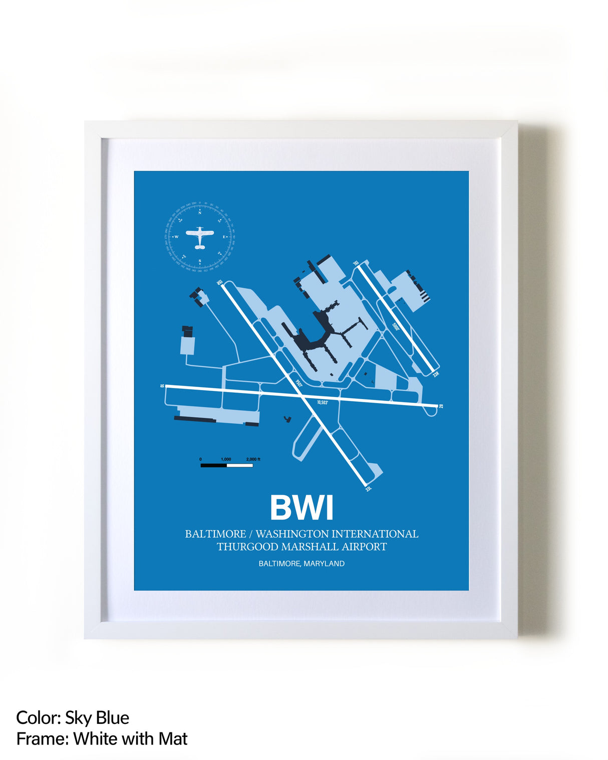 Baltimore/Washington International Thurgood Marshall Airport framed wall art in white frame with mat