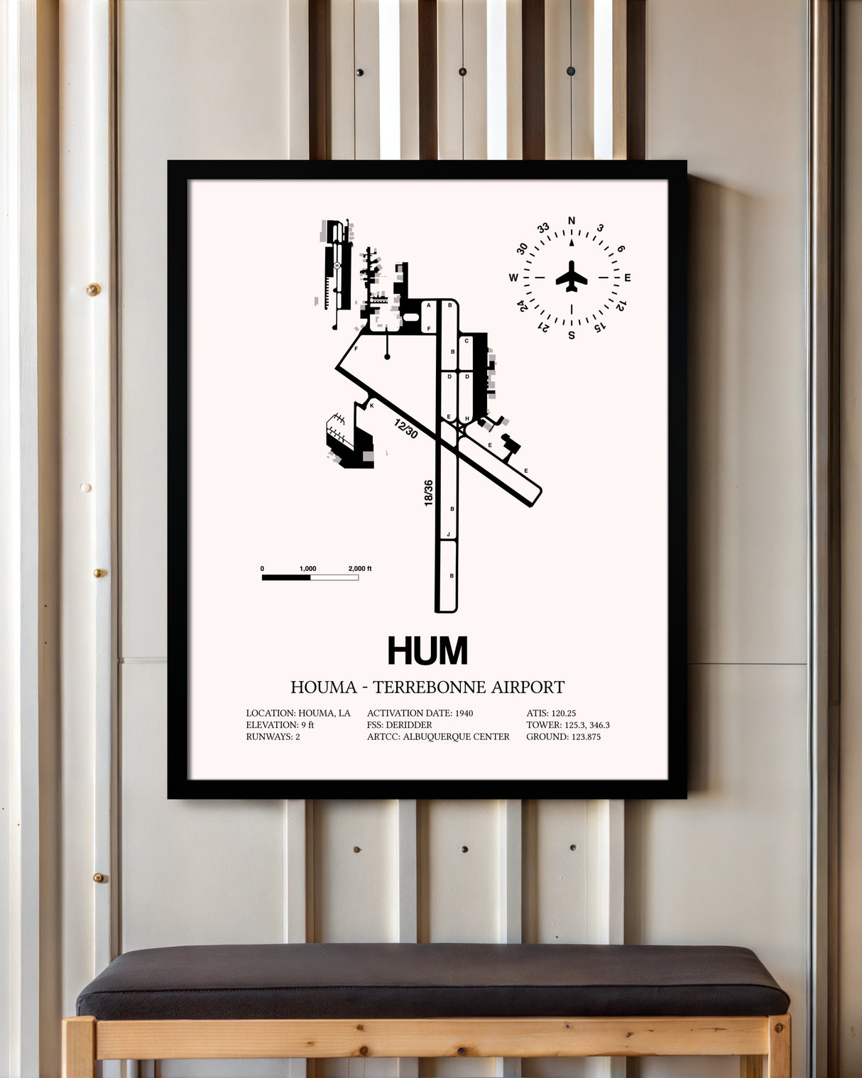 Houma-Terrebonne Airport framed poster displayed in an airplane hangar