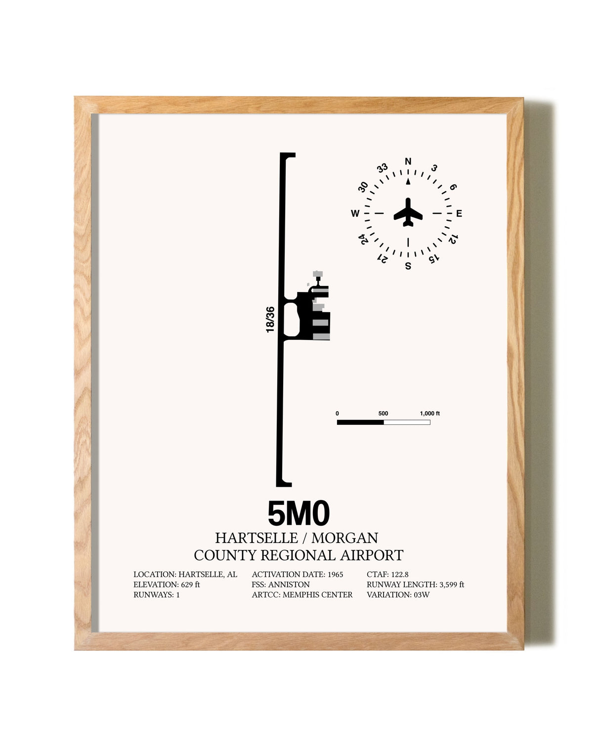 Hartselle / Morgan County Regional Airport framed print in natural wood frame