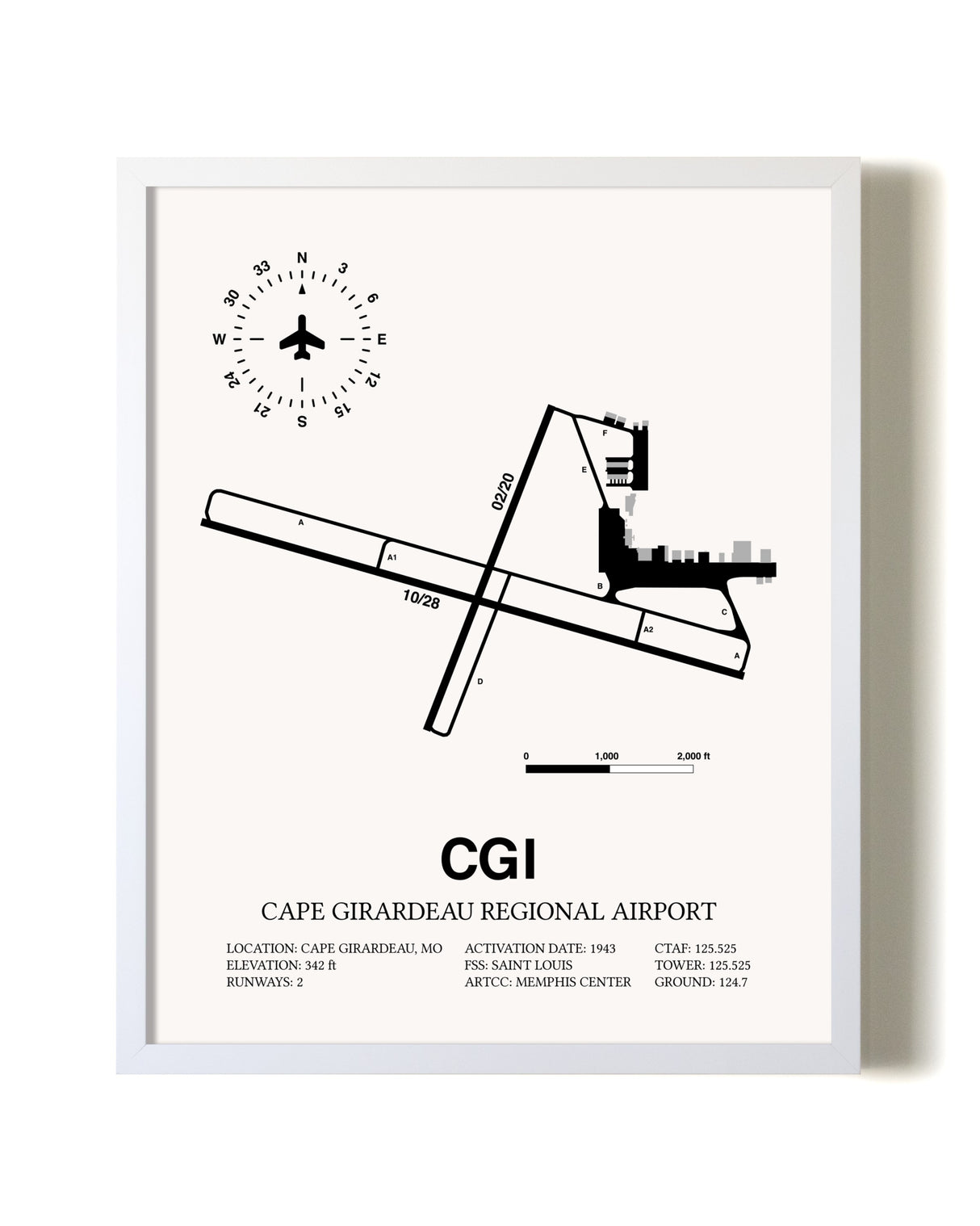 Cape Girardeau Regional Airport airport map poster in oak frame