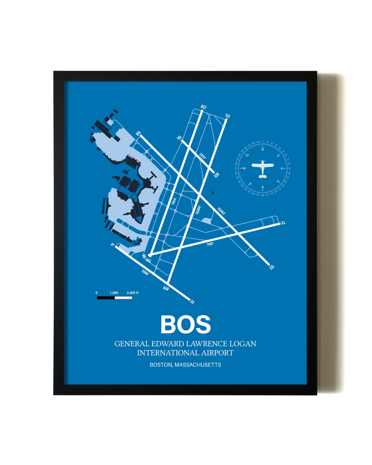 Sky Blue Boston Logan International Airport aviation wall décor in black wood frame
