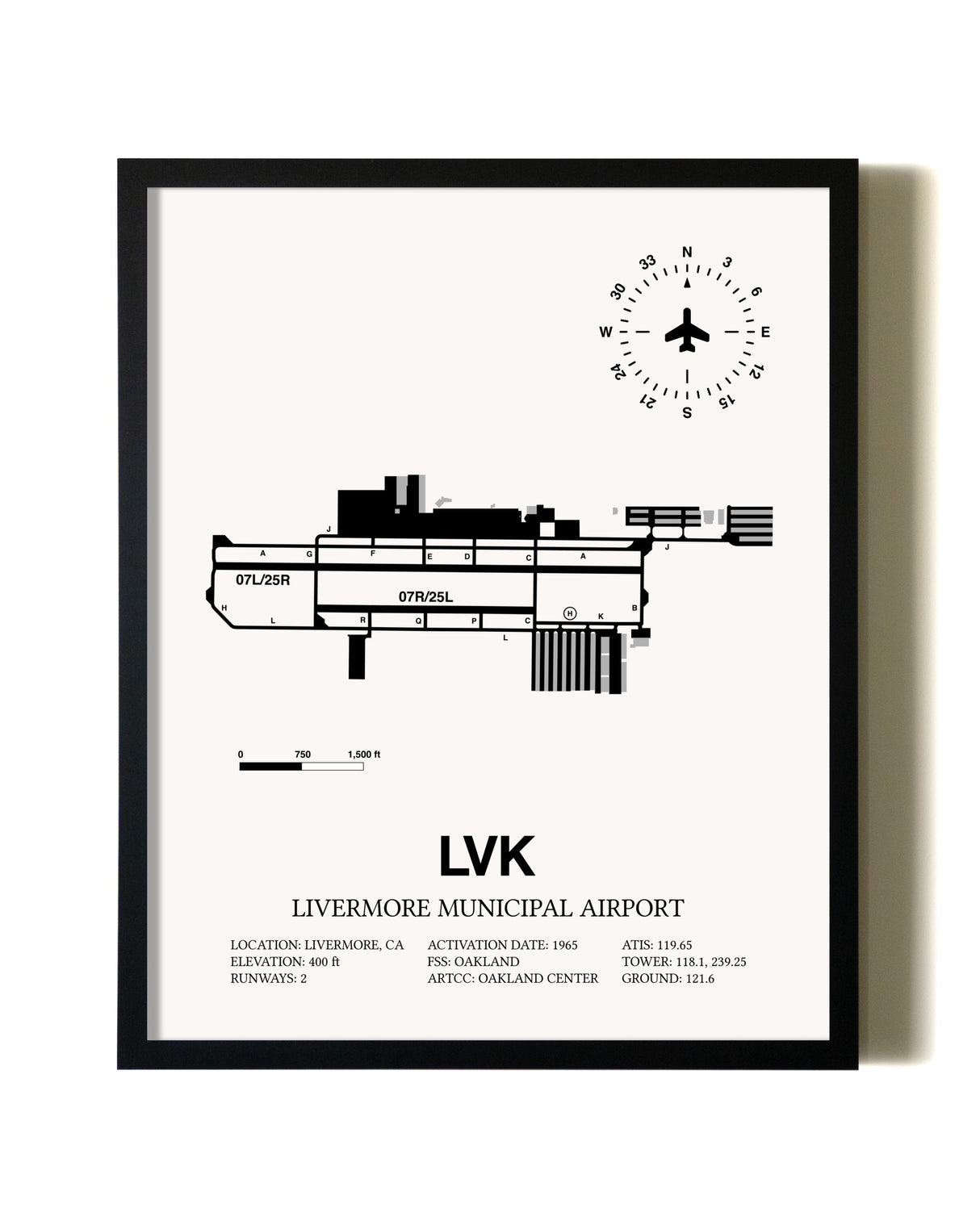 Framed Livermore Municipal Airport wall art poster in black frame