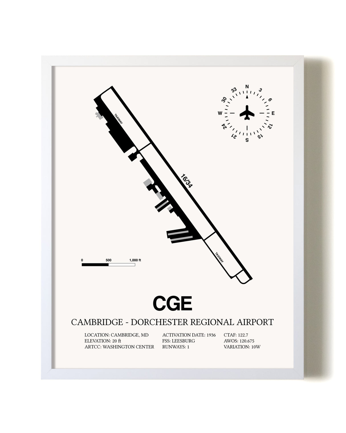 Cambridge-Dorchester Regional Airport airport map poster in oak frame