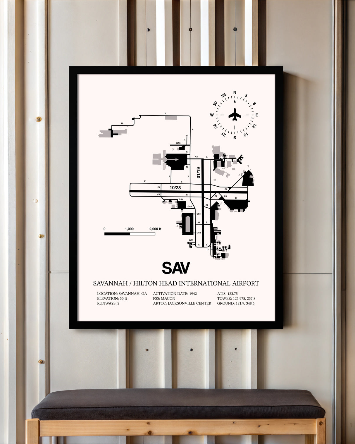 Savannah / Hilton Head International Airport framed poster displayed in an airplane hangar