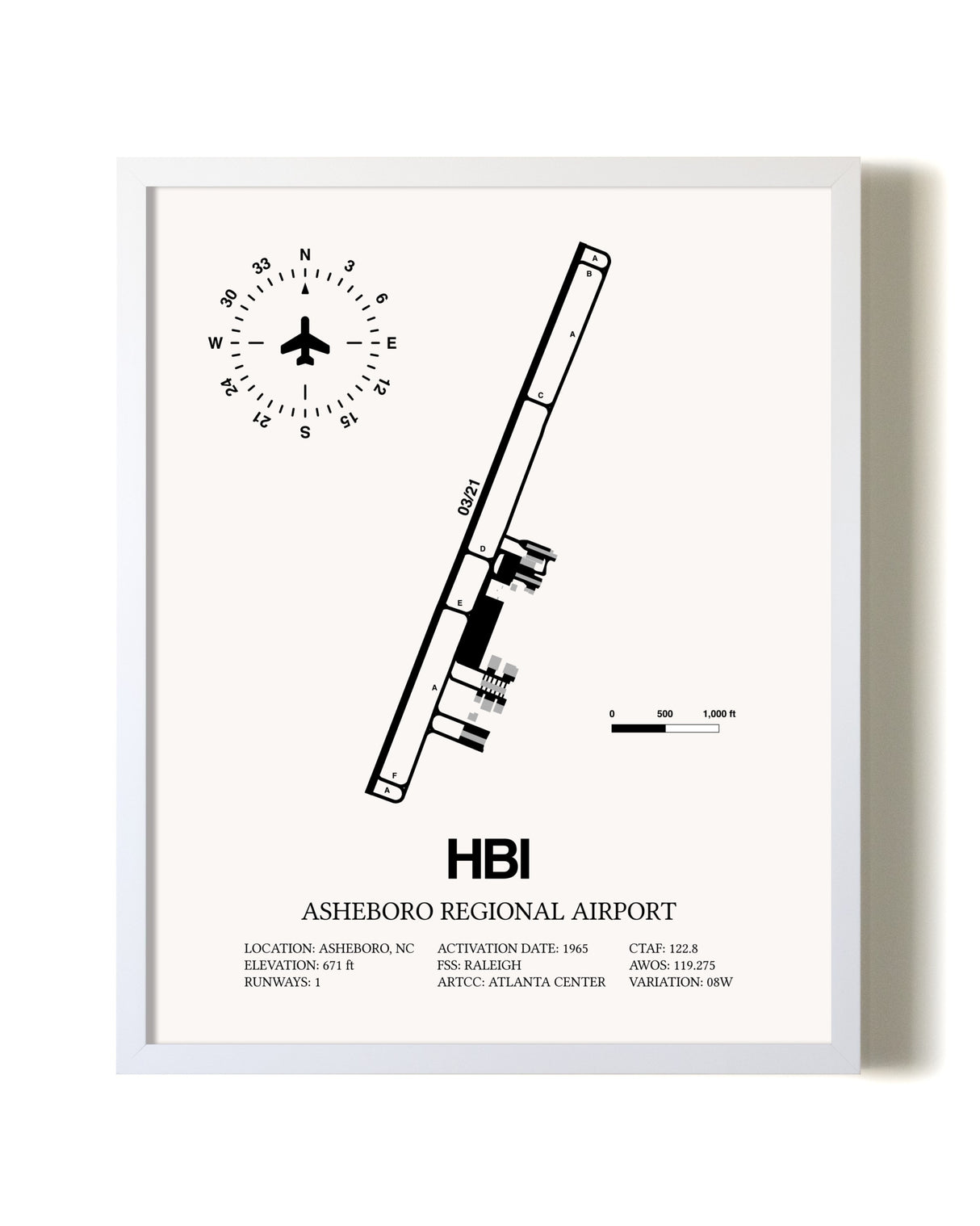 Asheboro Regional Airport airport map poster in oak frame