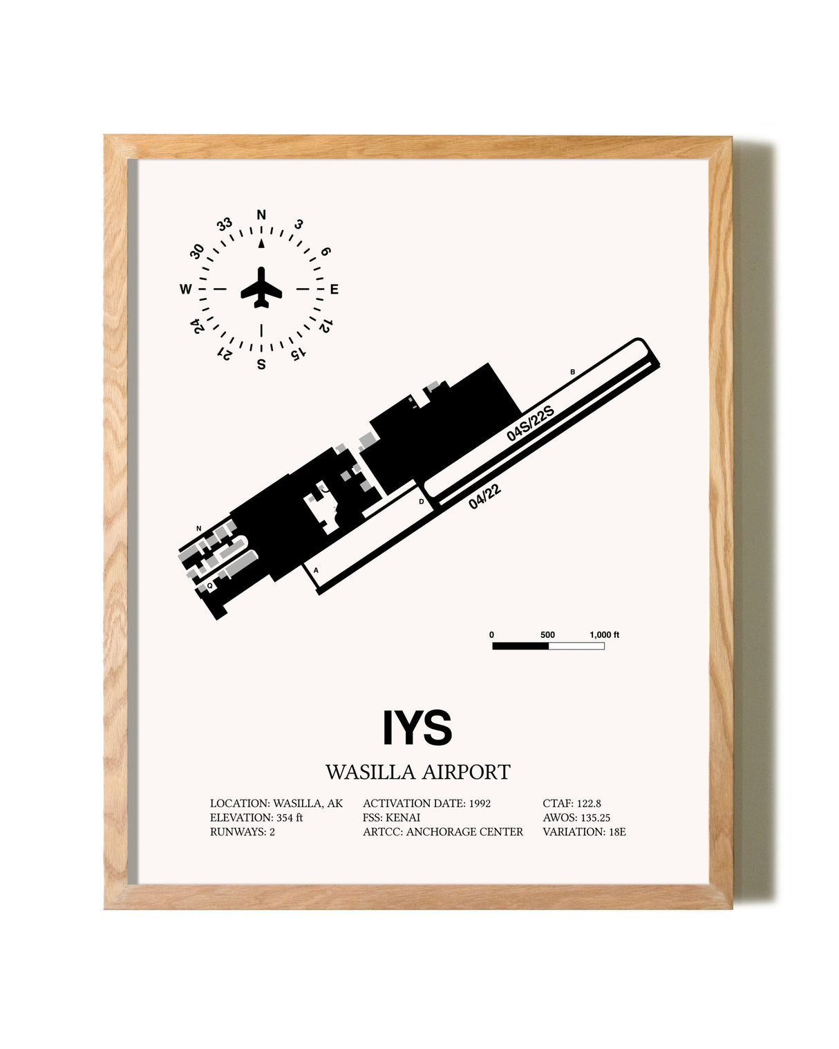 Wasilla Airport framed print in natural wood frame
