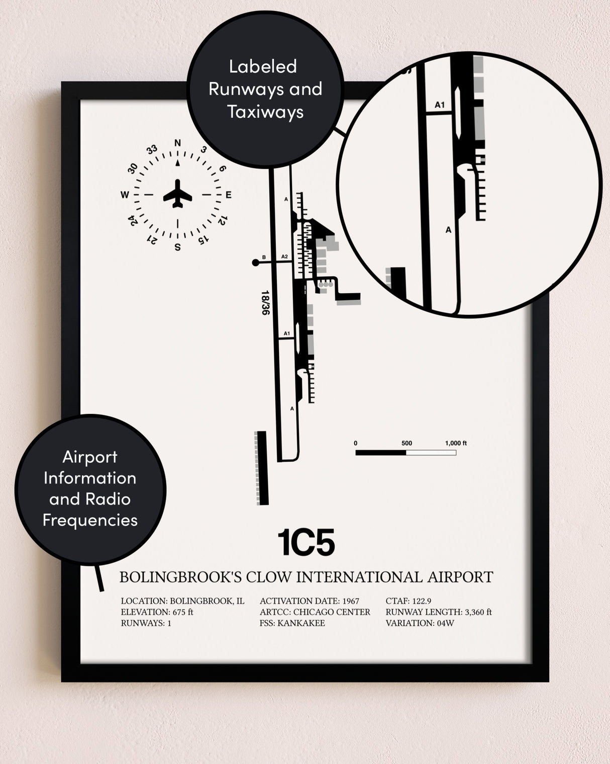 Framed Bolingbrook's Clow International Airport layout wall art poster