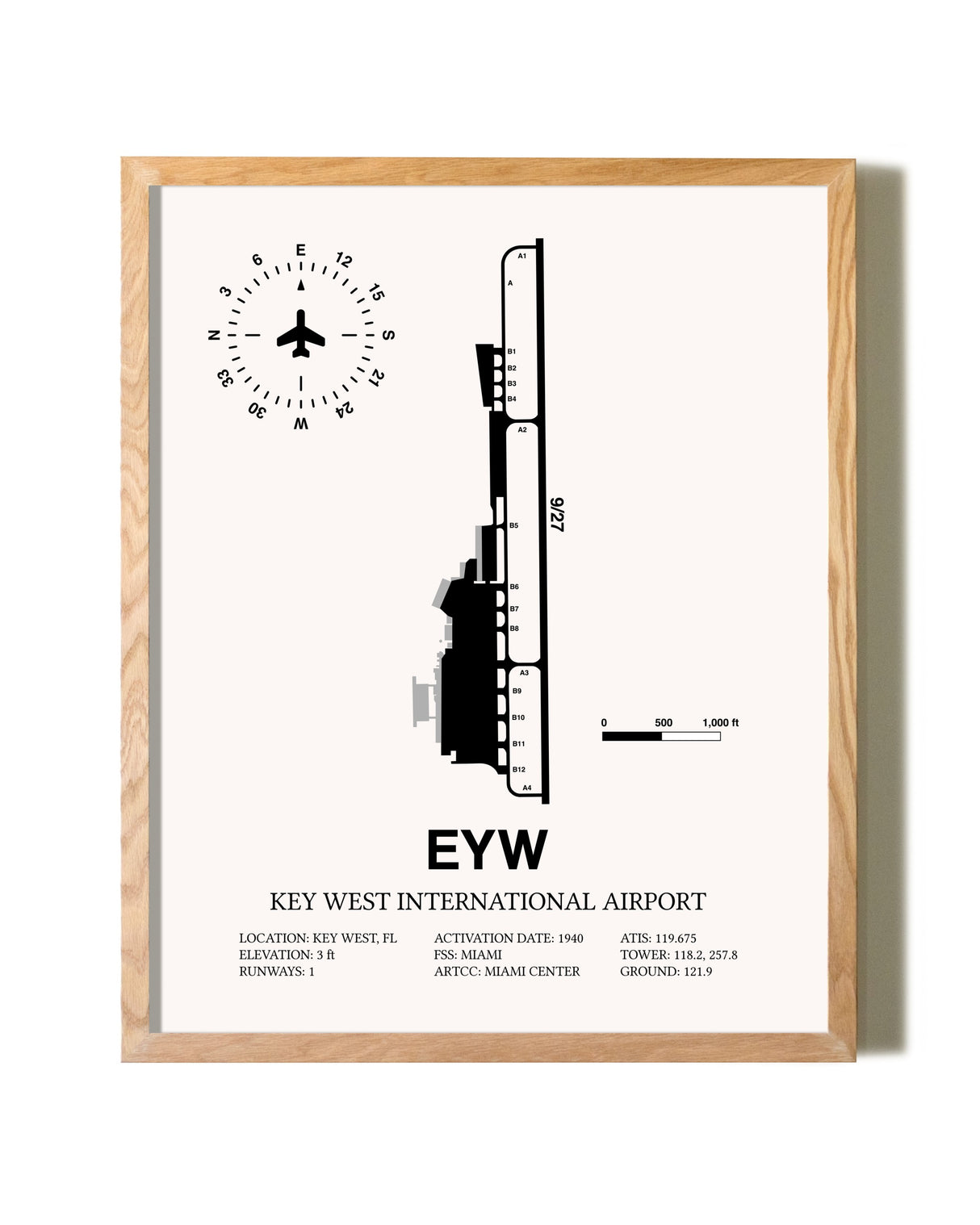 Key West International Airport framed print in natural wood frame