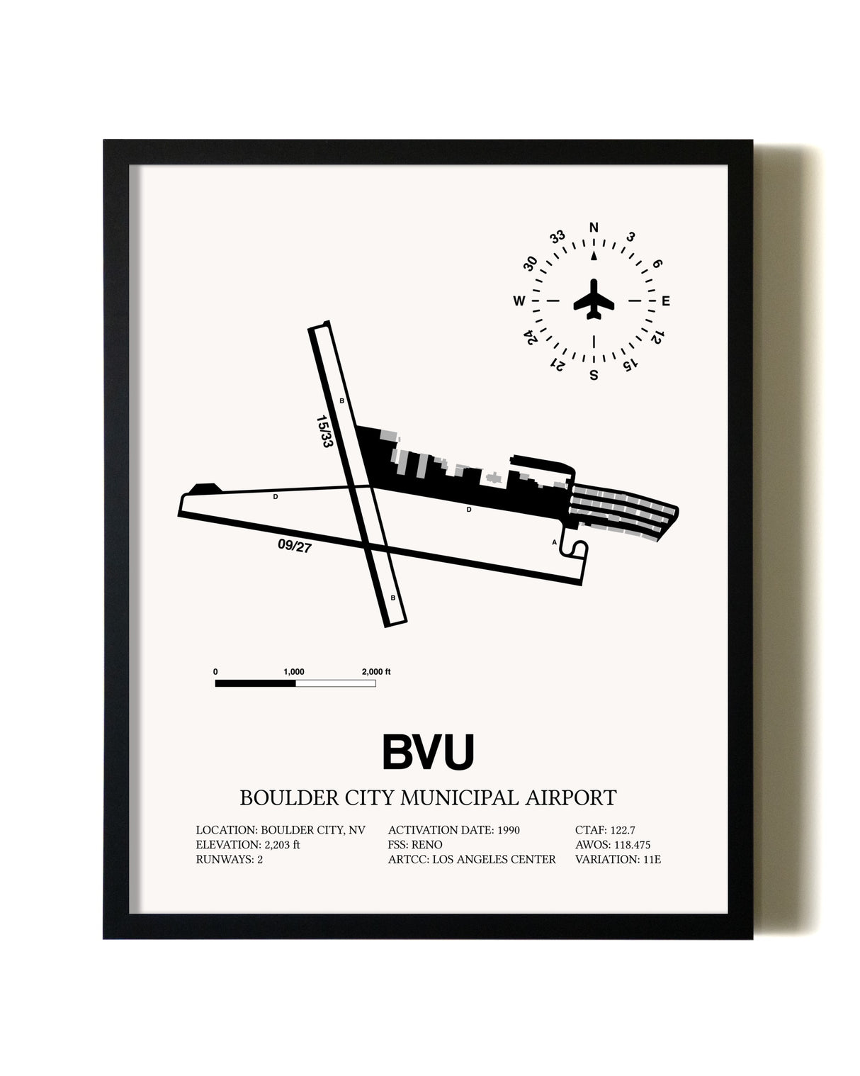 Framed Boulder City Municipal Airport wall art poster in black frame
