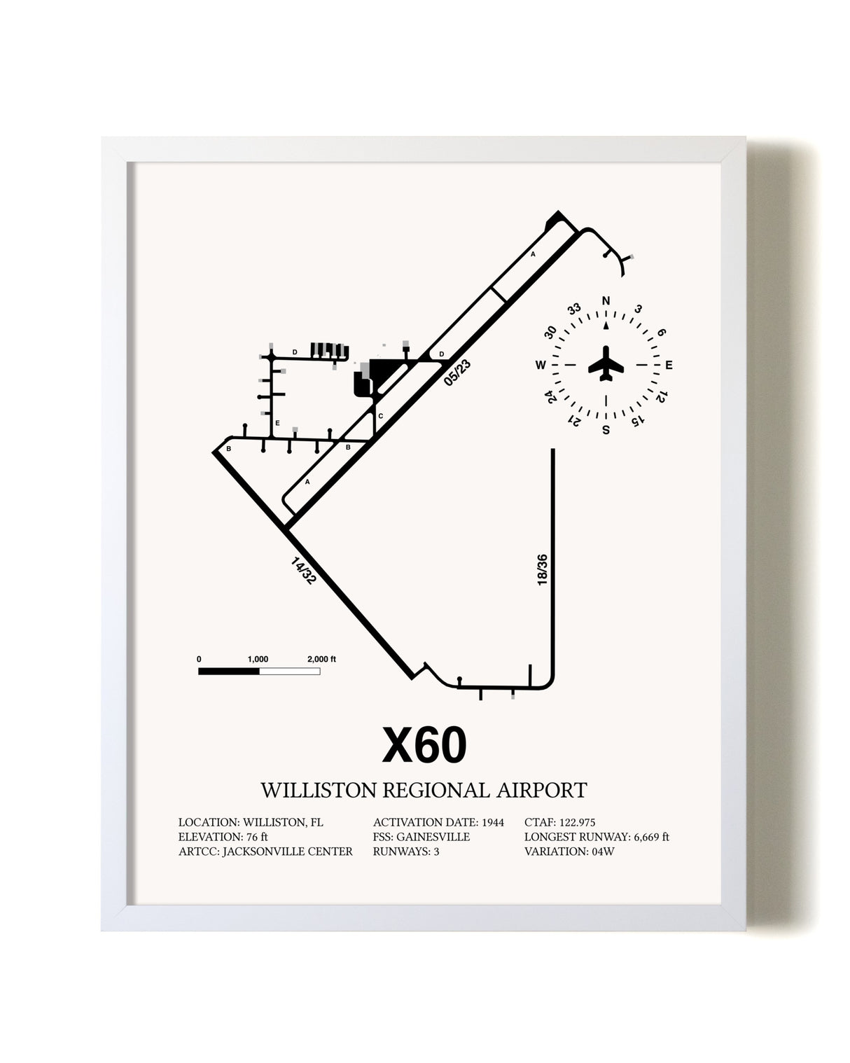Williston Regional Airport airport map poster in oak frame