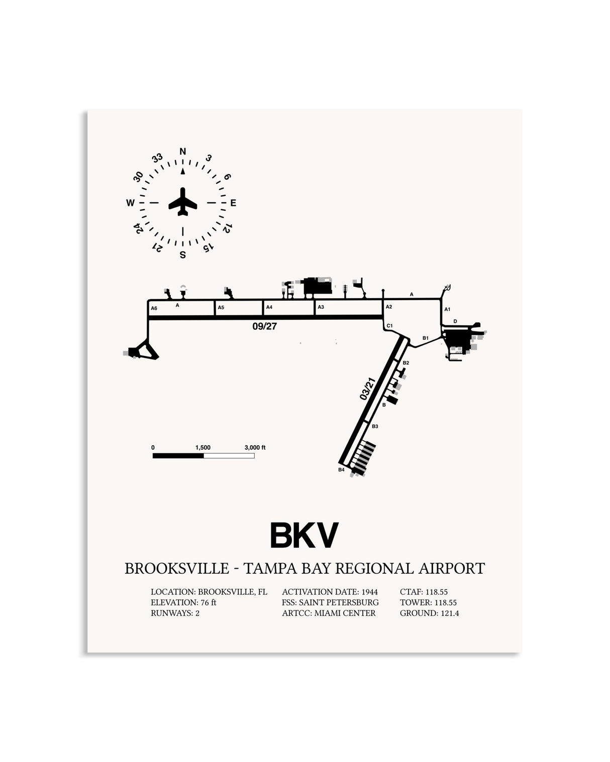 Gray Brooksville-Tampa Bay Regional Airport framed poster displayed in an airplane hangar