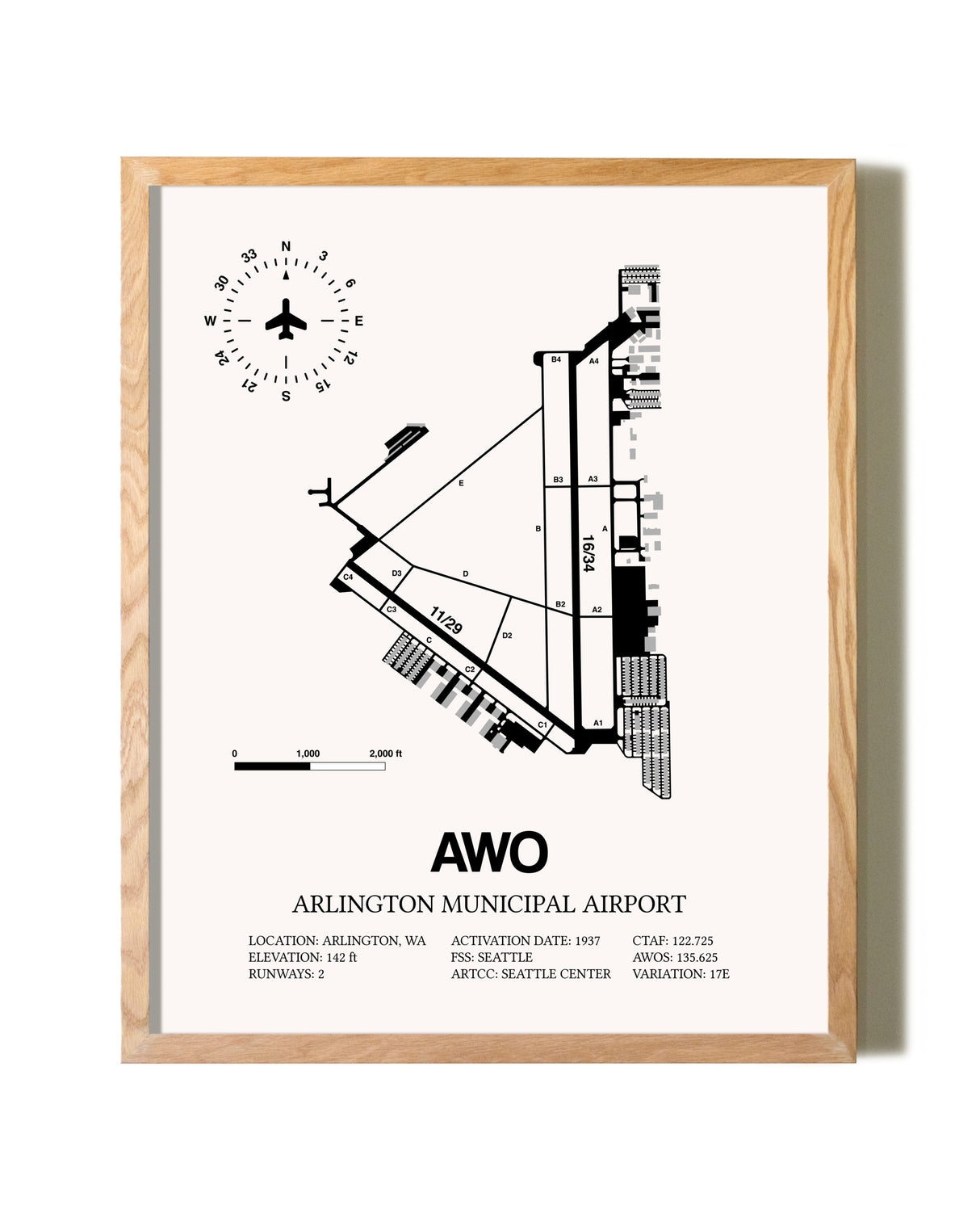 Arlington Municipal Airport framed print in natural wood frame