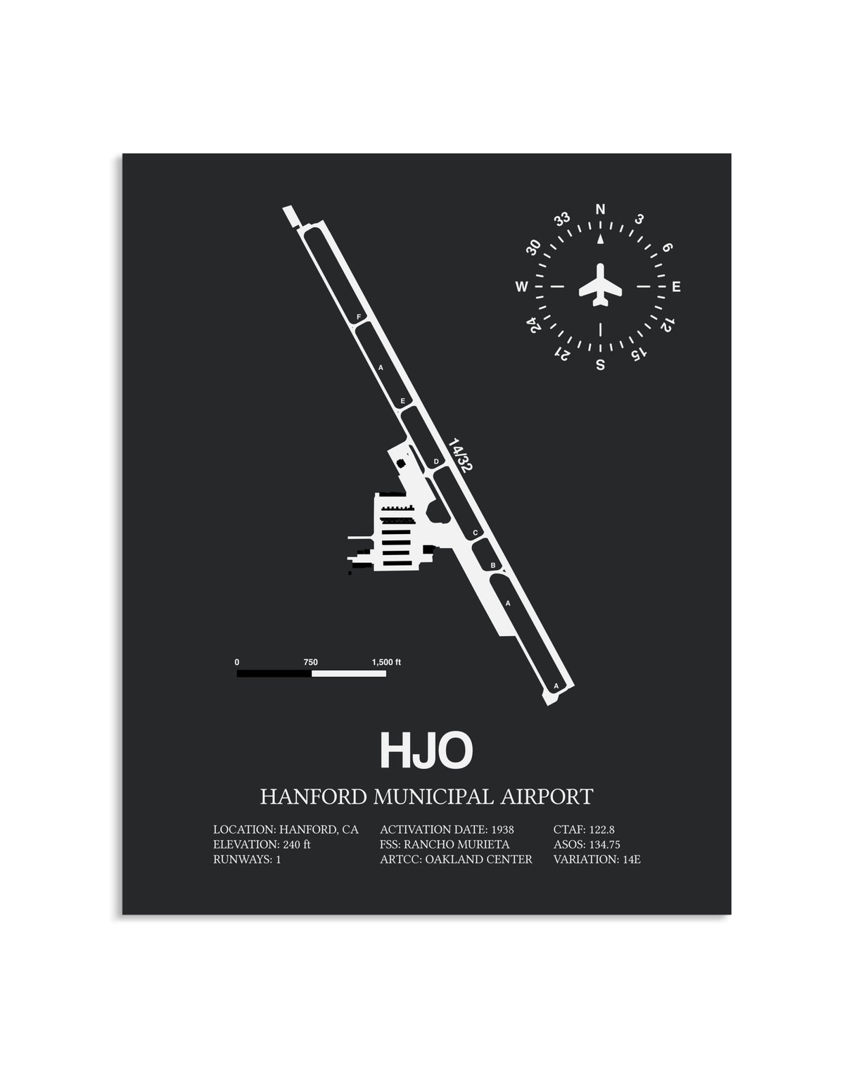Gray Framed Hanford Municipal Airport layout wall art poster