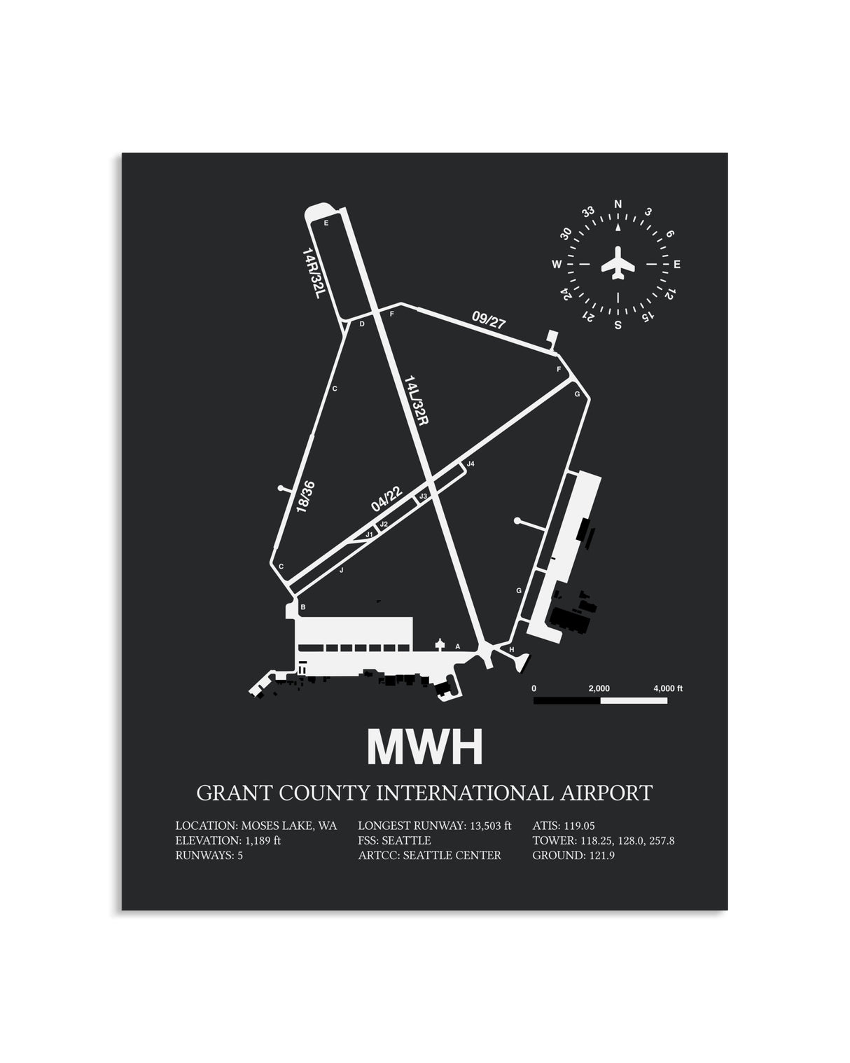 Gray Framed Grant County International Airport layout wall art poster