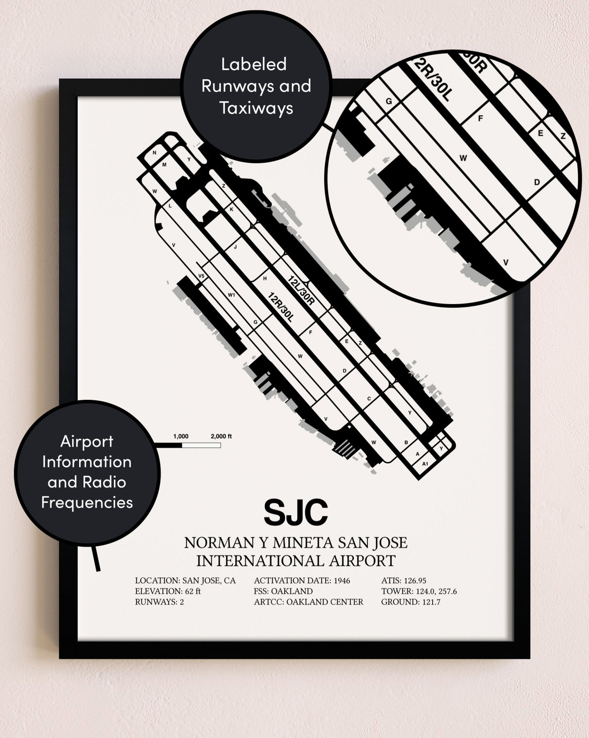 Framed San Jose Mineta International Airport layout wall art poster