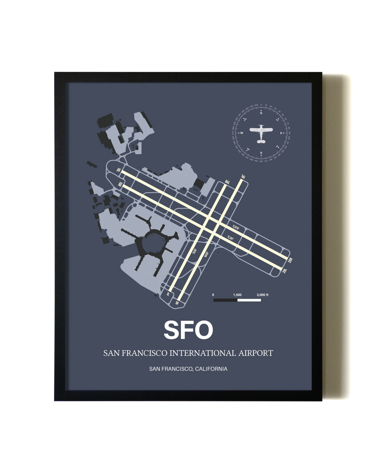 Blue and Cream Framed San Francisco International Airport layout wall art poster
