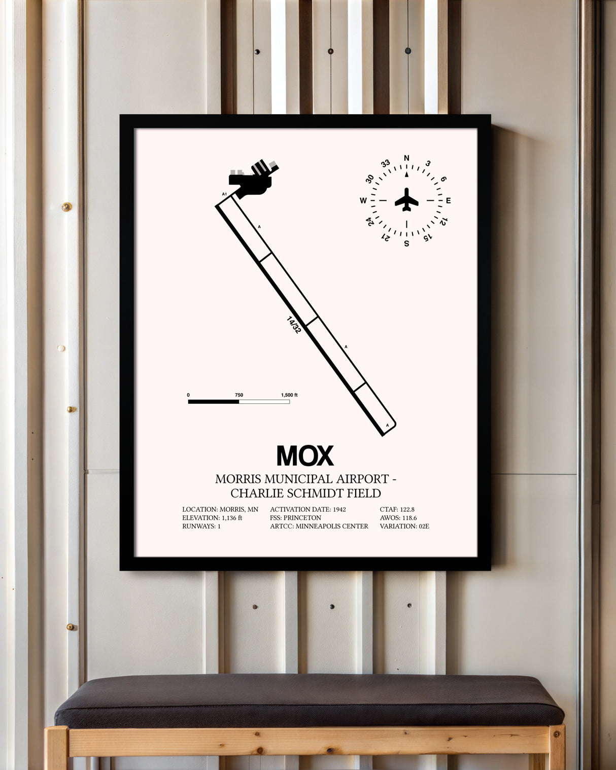 Morris Municipal Airport-Charlie Schmidt Field framed poster displayed in an airplane hangar