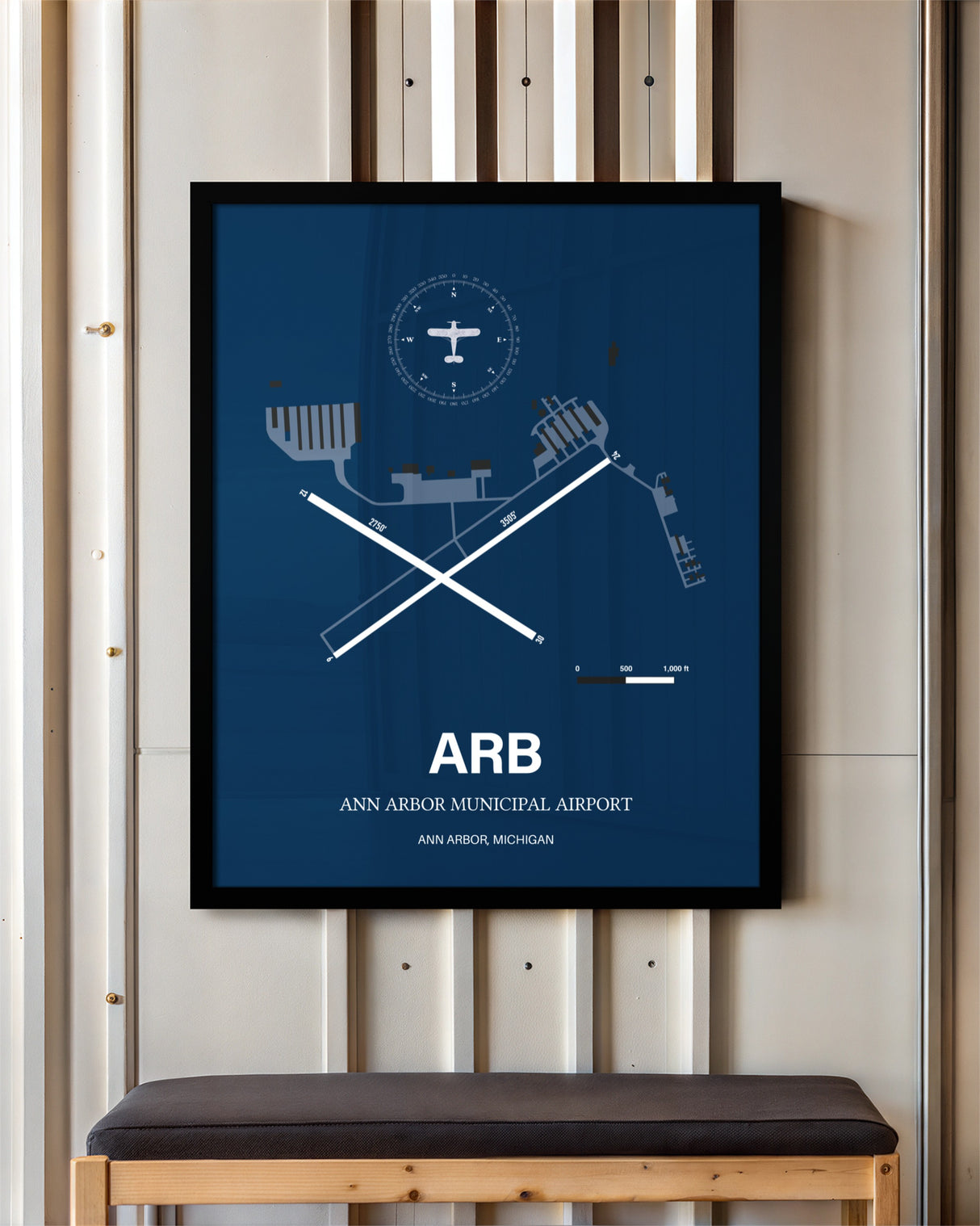 Ann Arbor Municipal Airport framed poster displayed in an airplane hangar