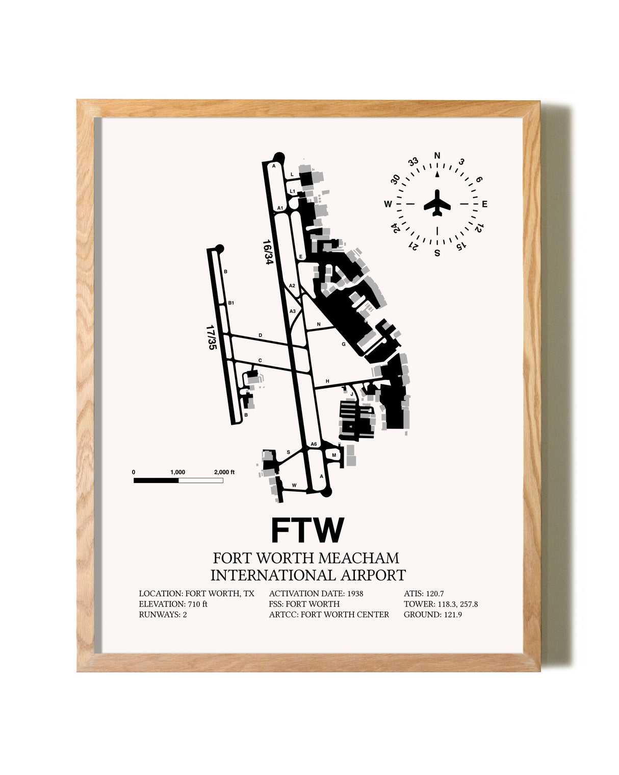 Fort Worth Meacham International Airport framed print in natural wood frame