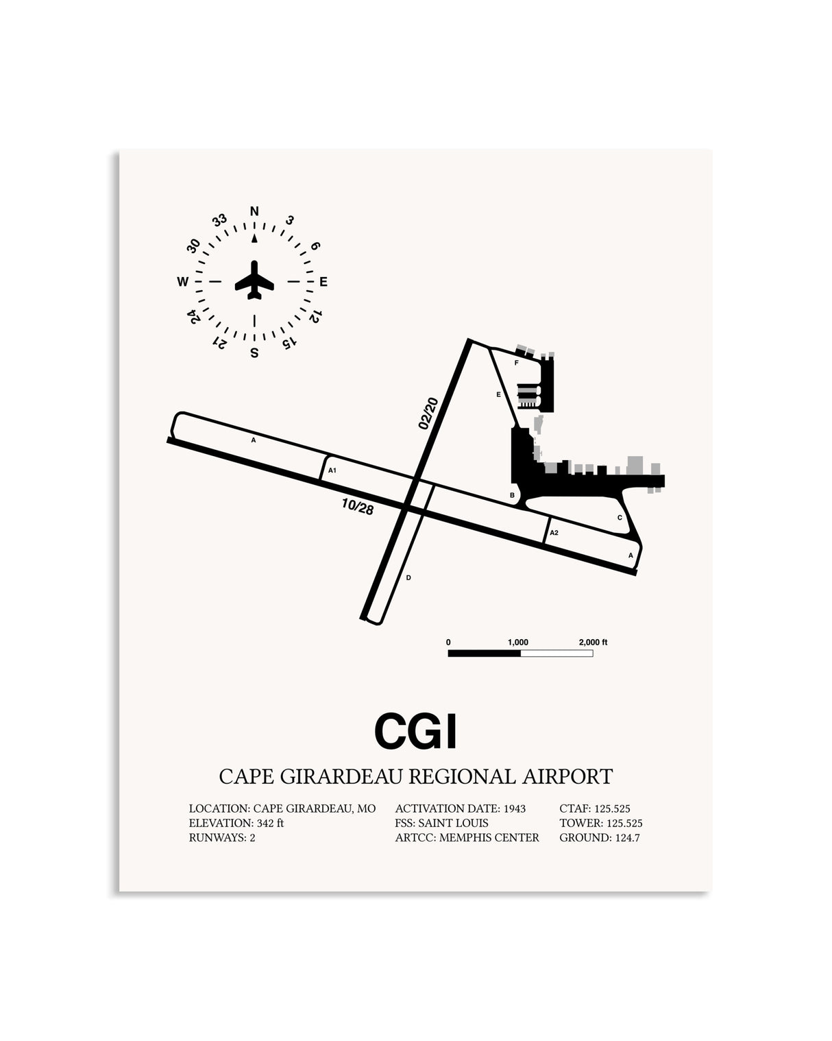 Gray Cape Girardeau Regional Airport framed poster displayed in an airplane hangar
