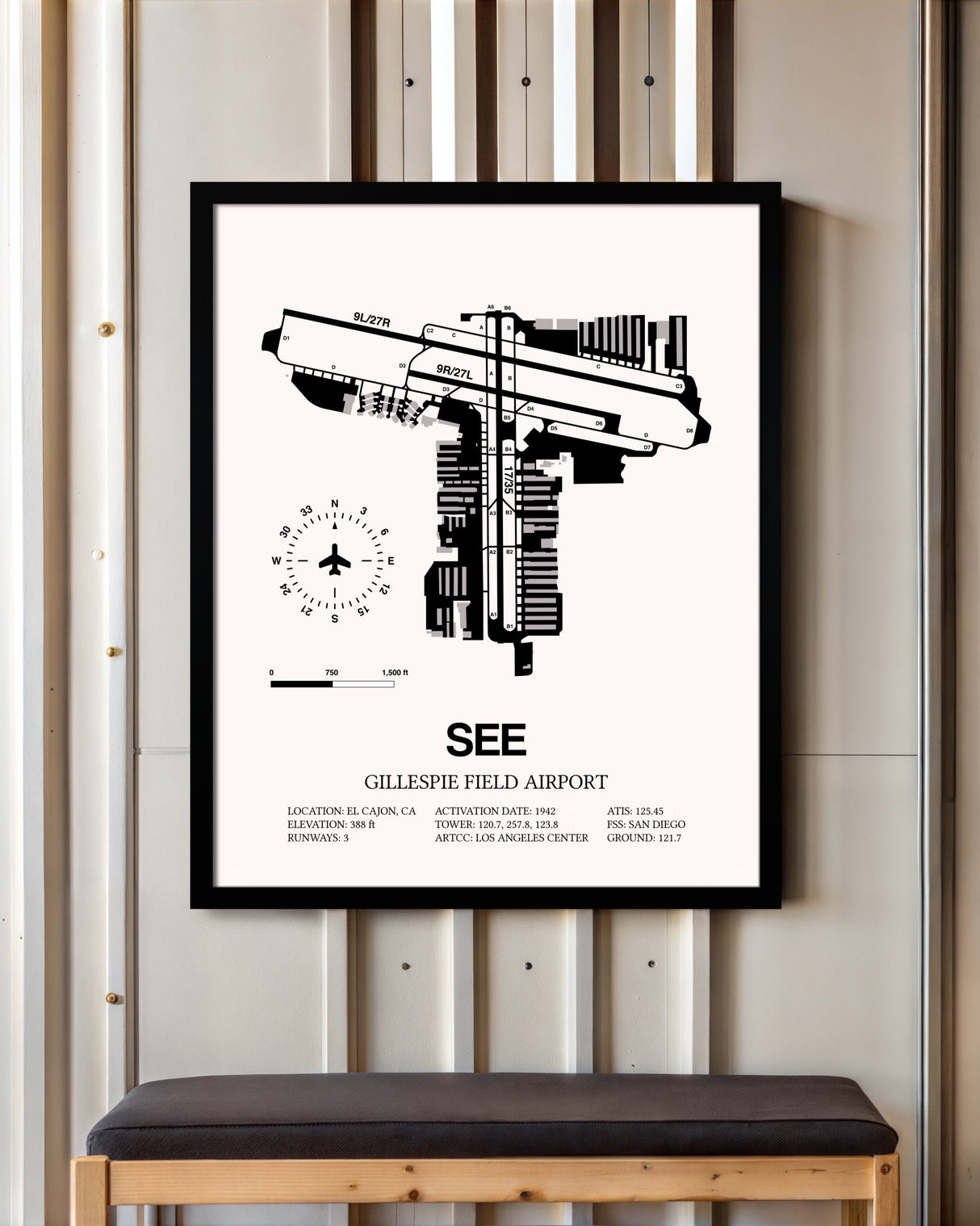Gillespie Field Airport framed poster displayed in an airplane hangar
