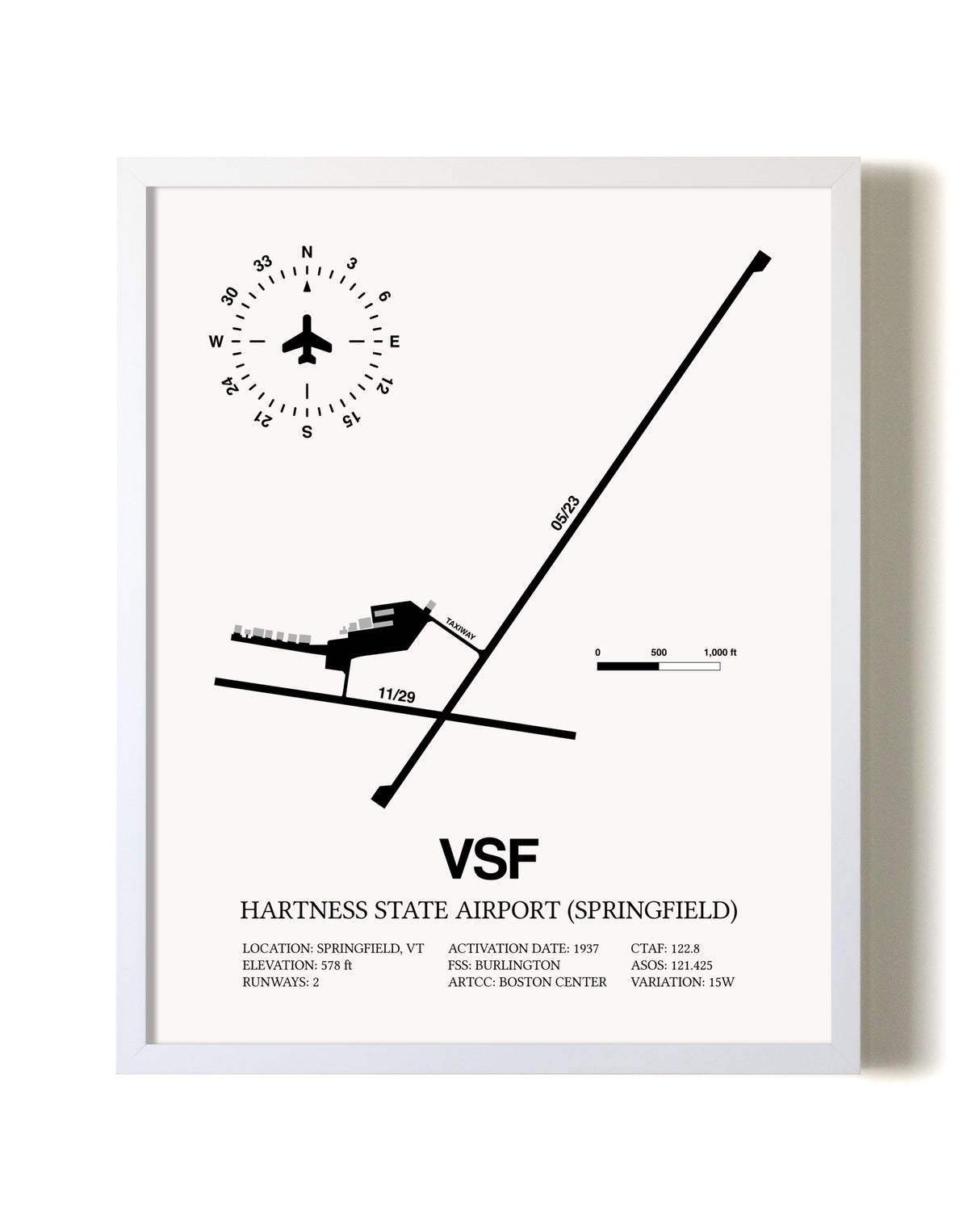Hartness State Airport (Springfield) airport map poster in oak frame