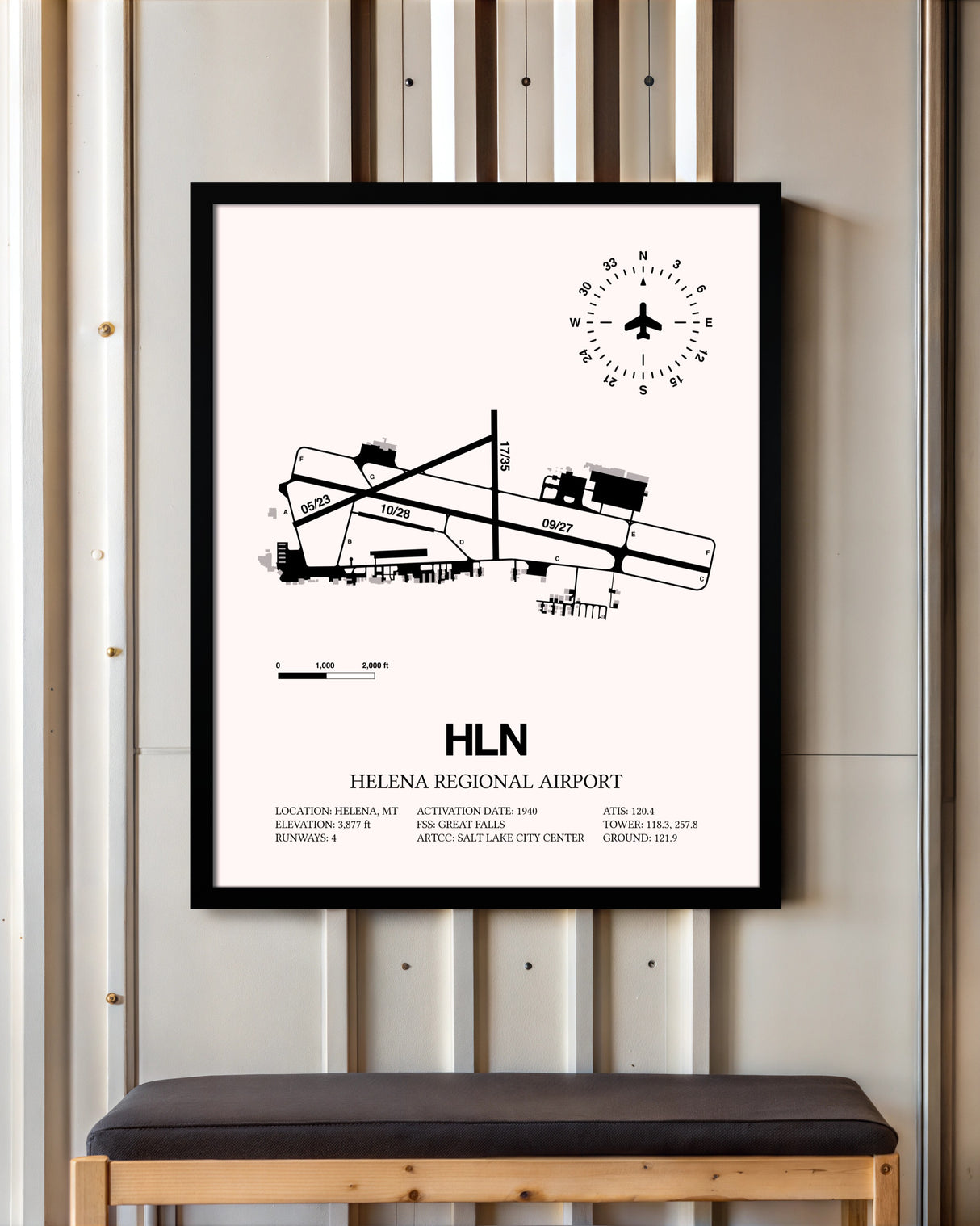 Helena Regional Airport framed poster displayed in an airplane hangar