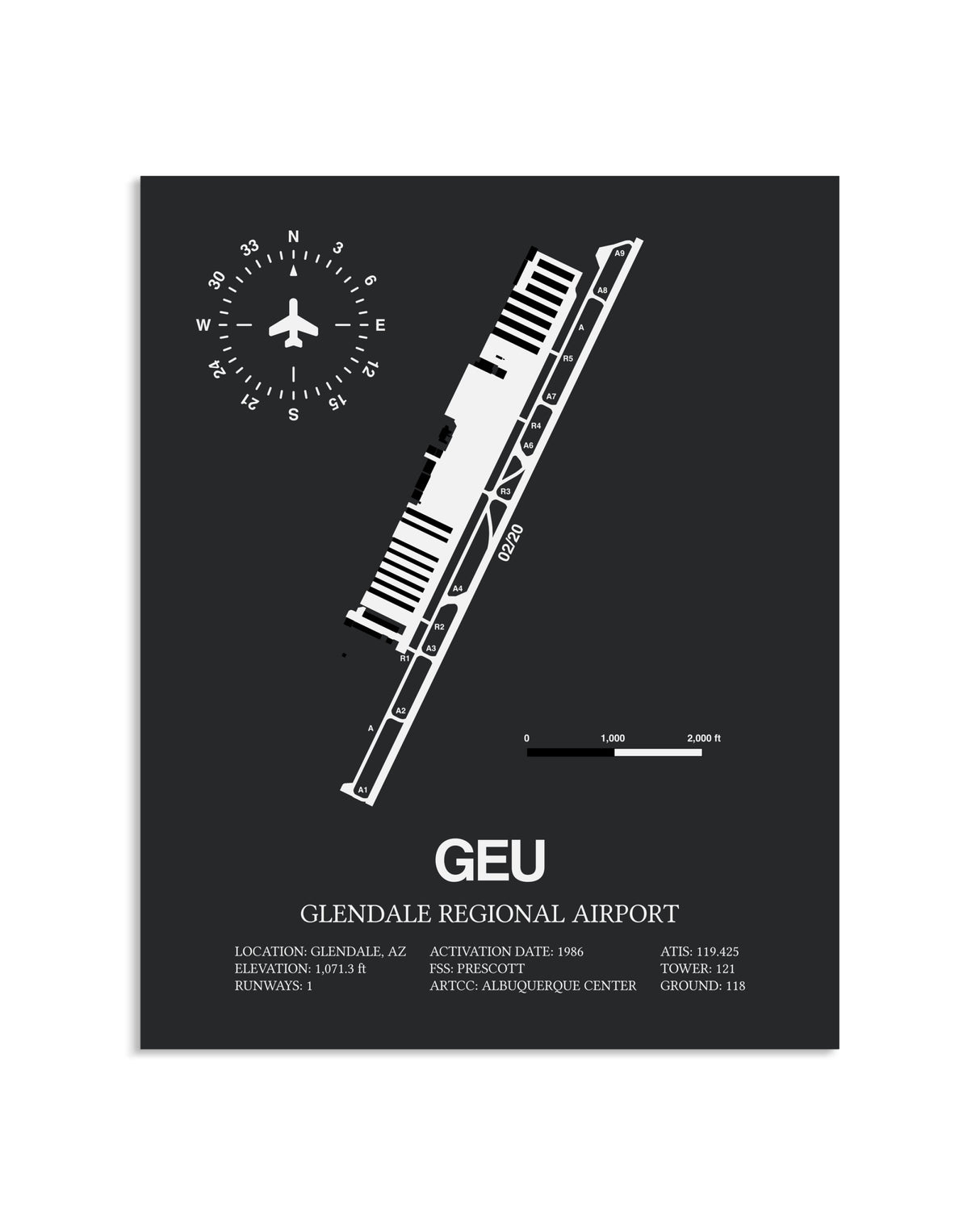 Gray Framed Glendale Regional Airport layout wall art poster