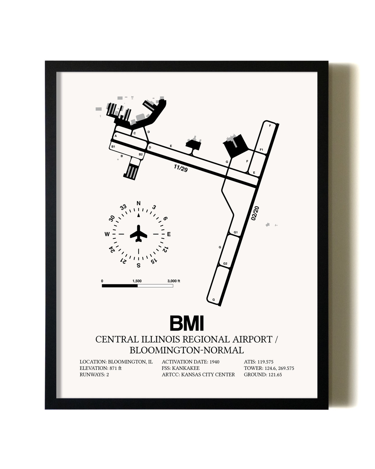 Framed Central Illinois Regional Airport / Bloomington-Normal wall art poster in black frame