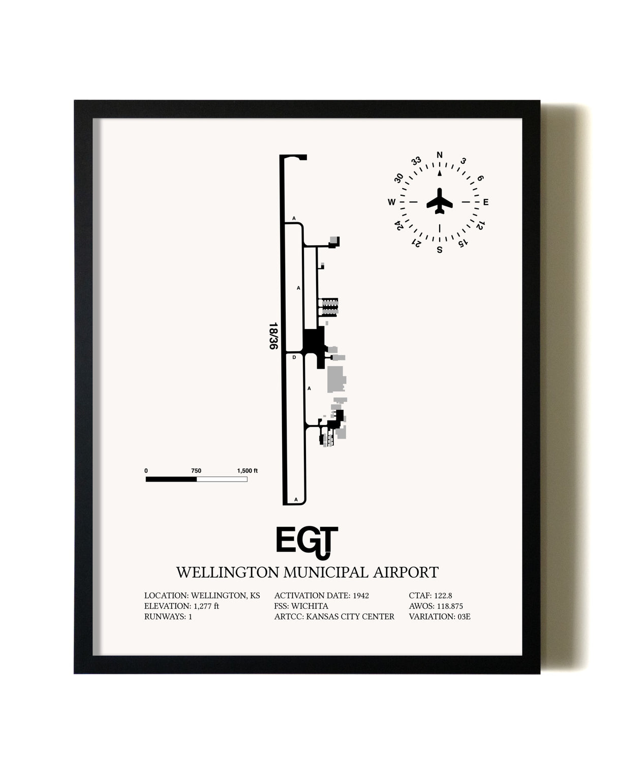 Framed Wellington Municipal Airport wall art poster in black frame