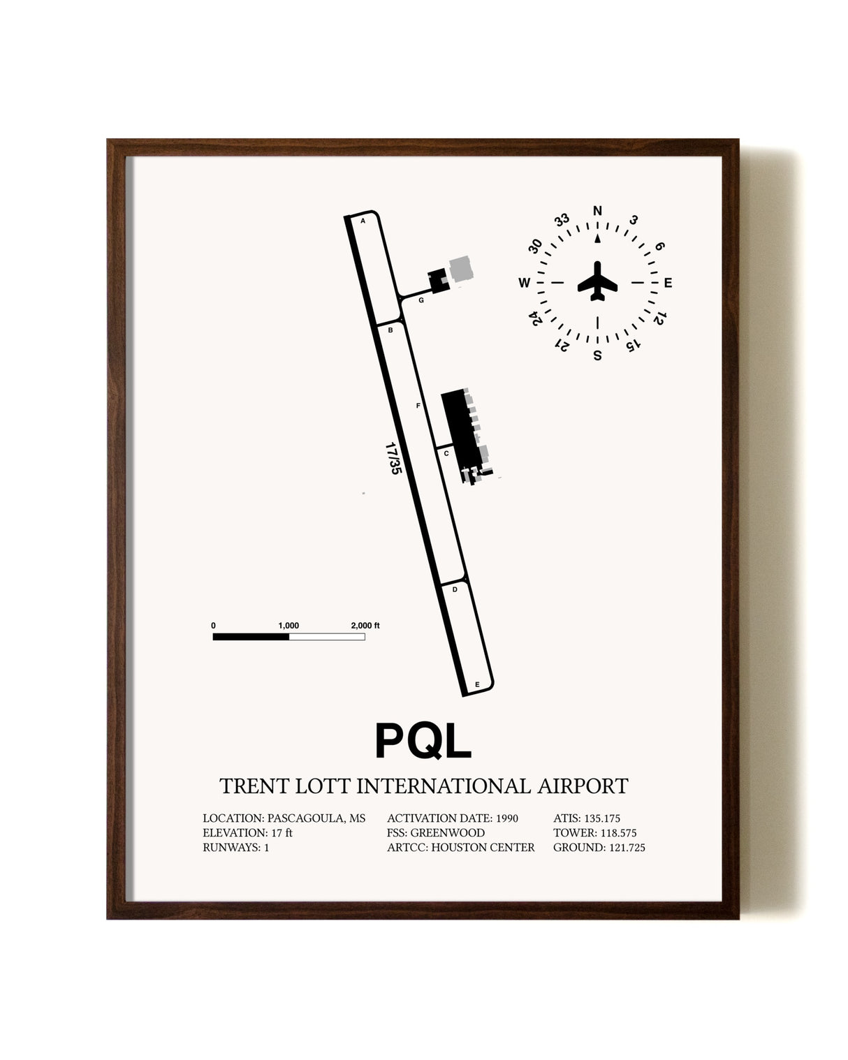 Trent Lott International Airport aviation print in walnut frame