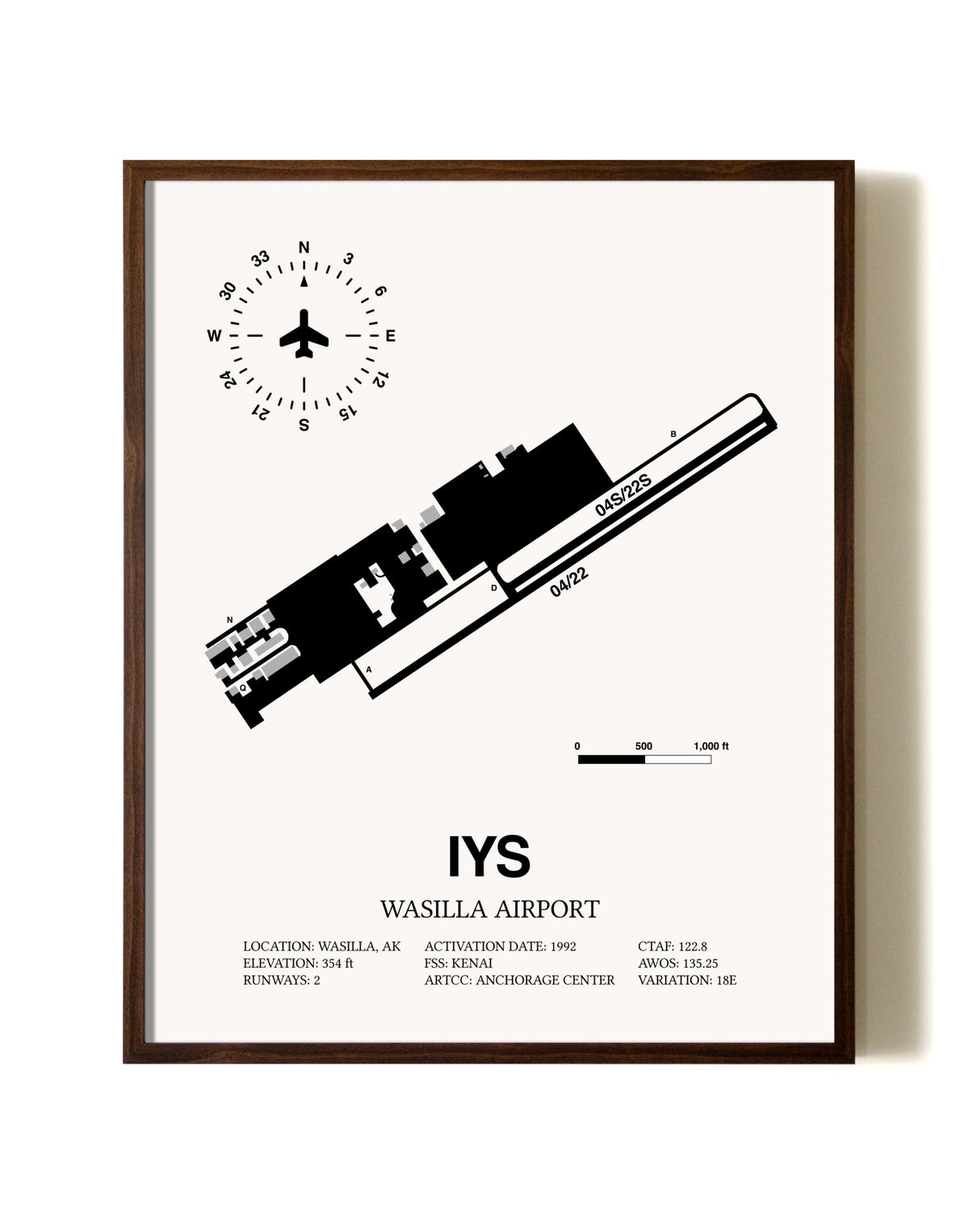 Wasilla Airport aviation print in walnut frame
