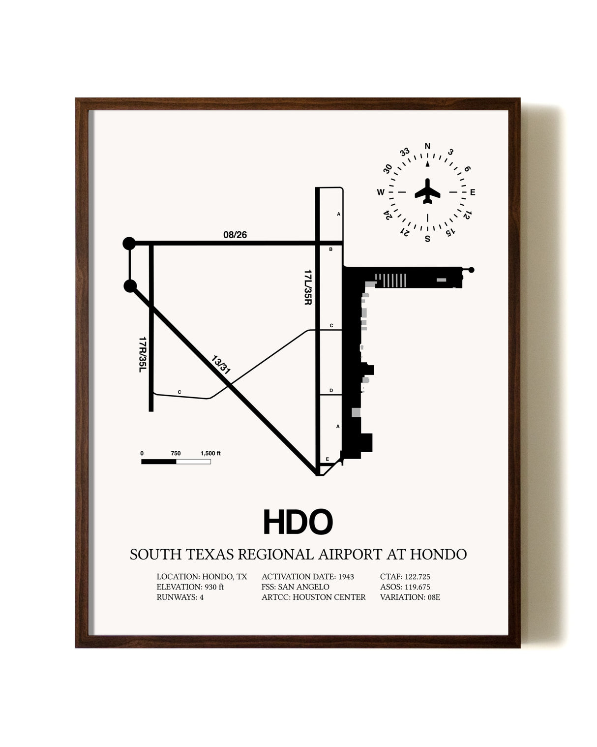 South Texas Regional Airport At Hondo aviation print in walnut frame