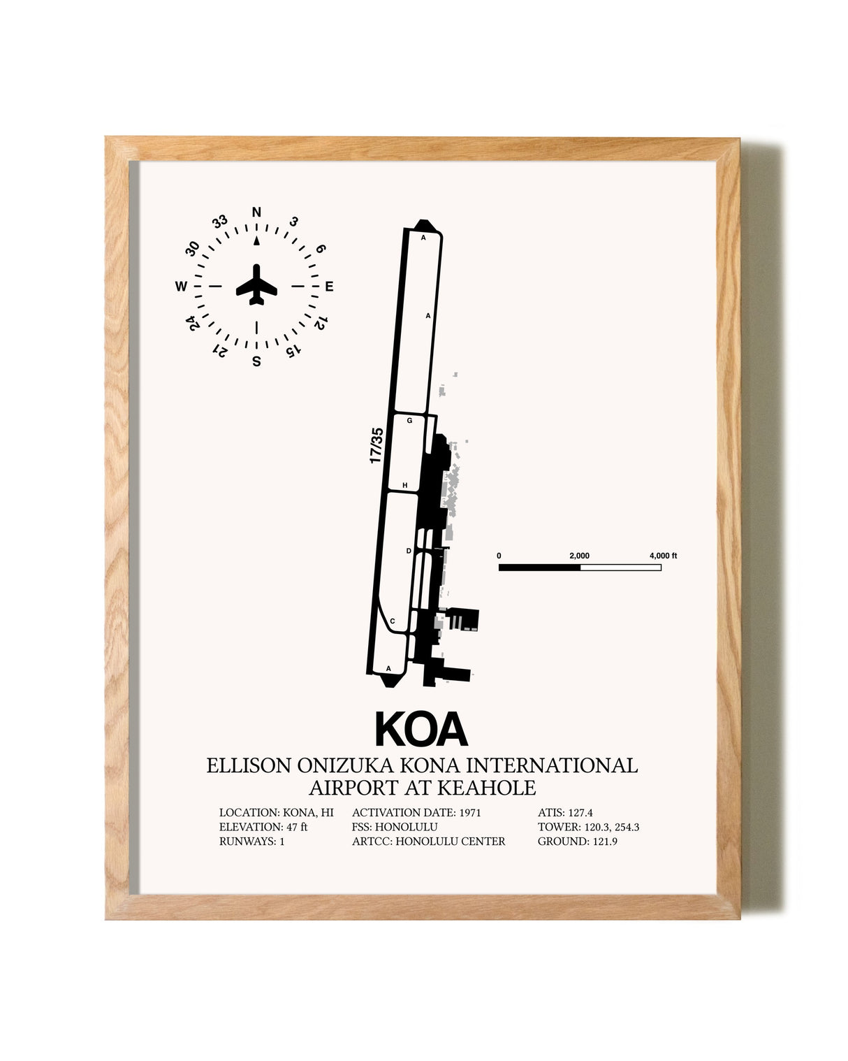Ellison Onizuka Kona International Airport At Keahole framed print in natural wood frame