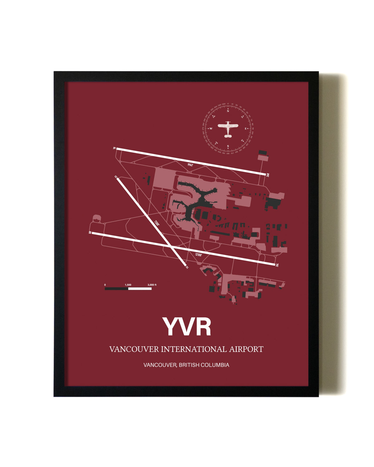 Red Framed Vancouver International Airport wall art poster in black frame
