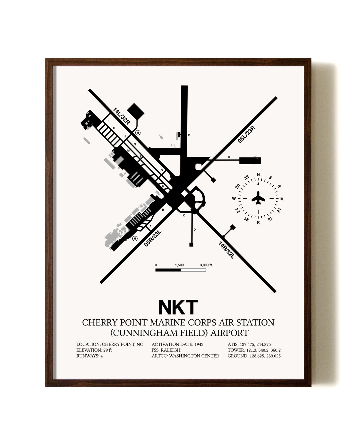 Cherry Point Marine Corps Air Station (Cunningham Field) Airport aviation print in walnut frame