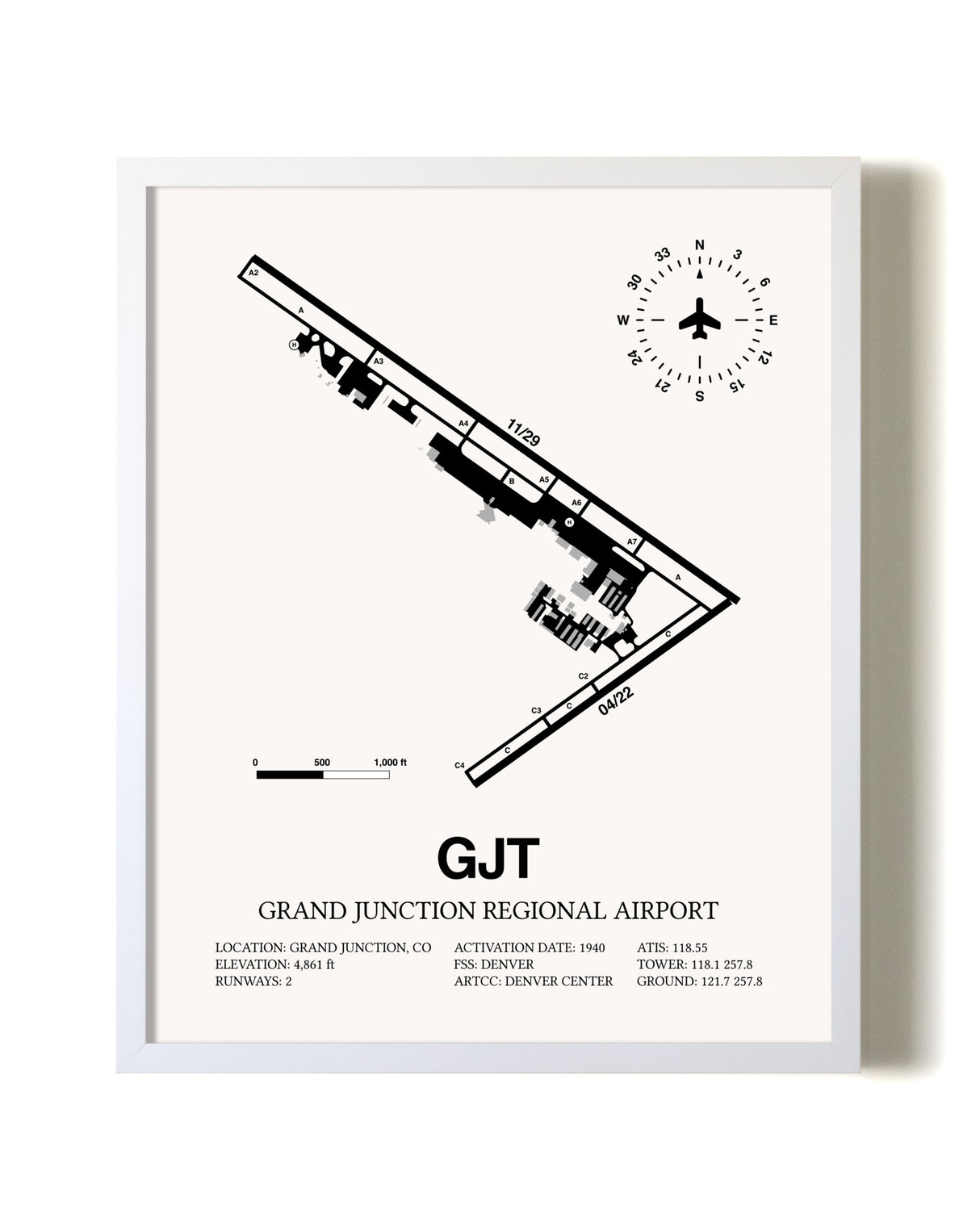 Grand Junction Regional Airport airport map poster in oak frame