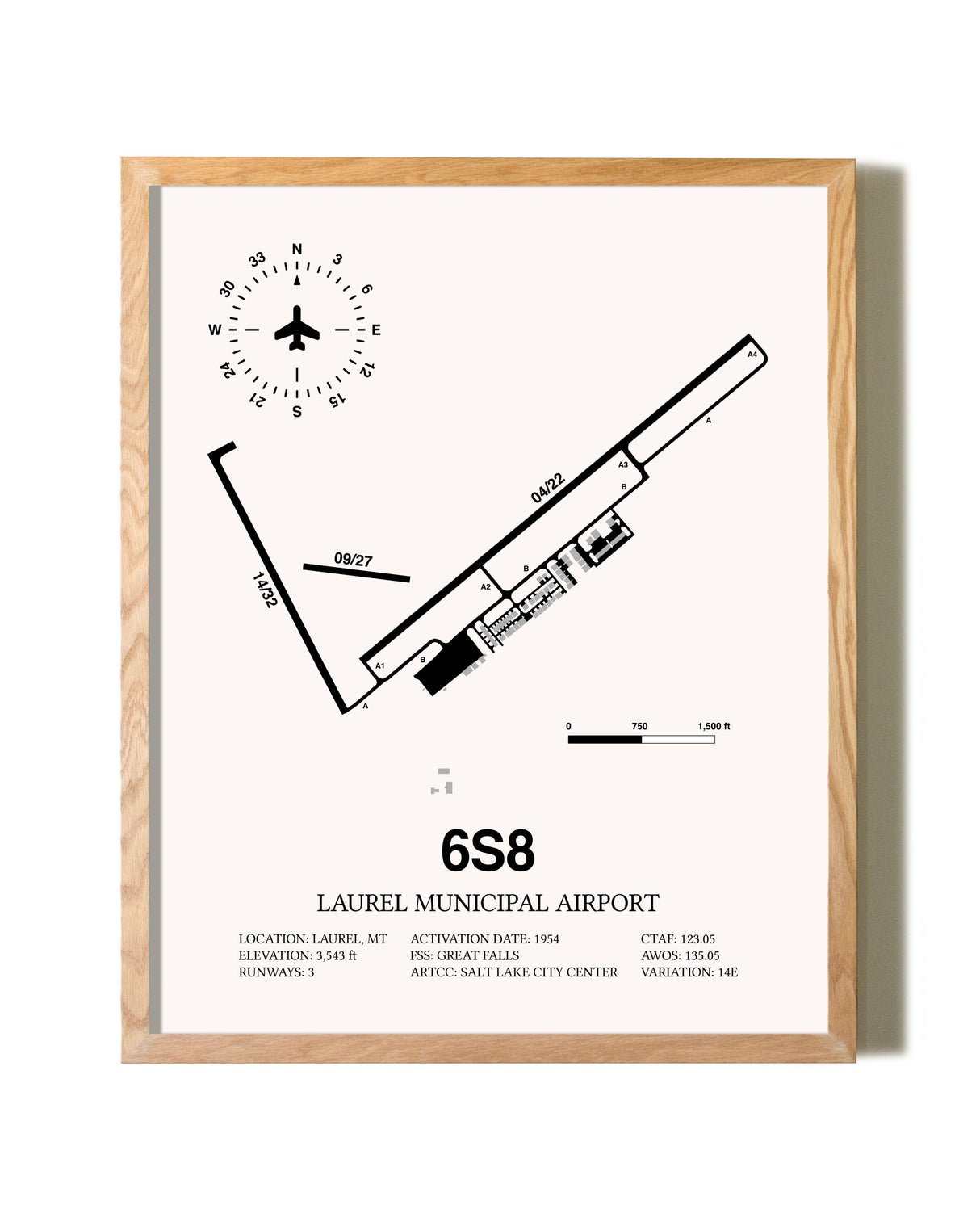 Laurel Municipal Airport framed print in natural wood frame