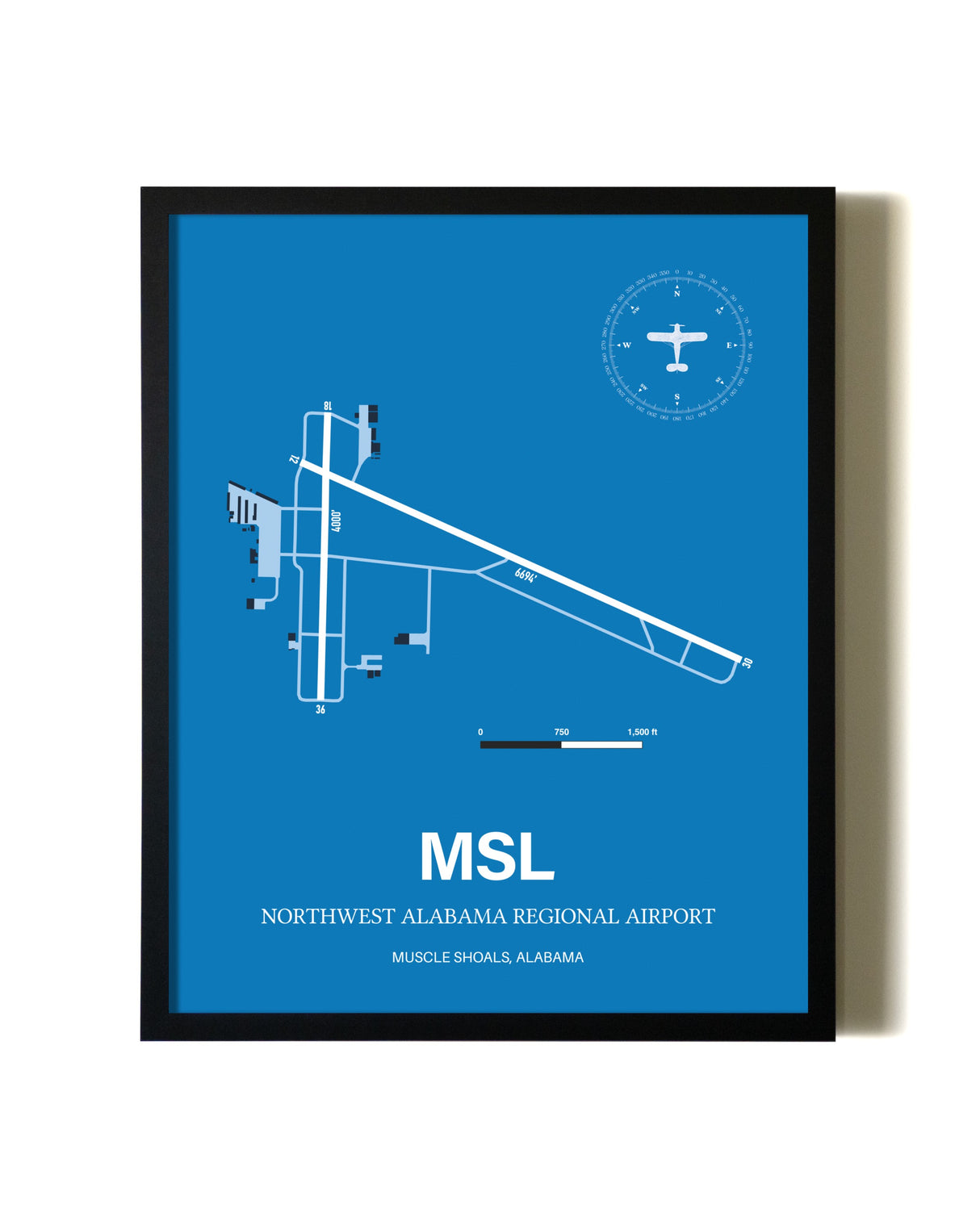 Sky Blue Northwest Alabama Regional Airport aviation wall décor in black wood frame
