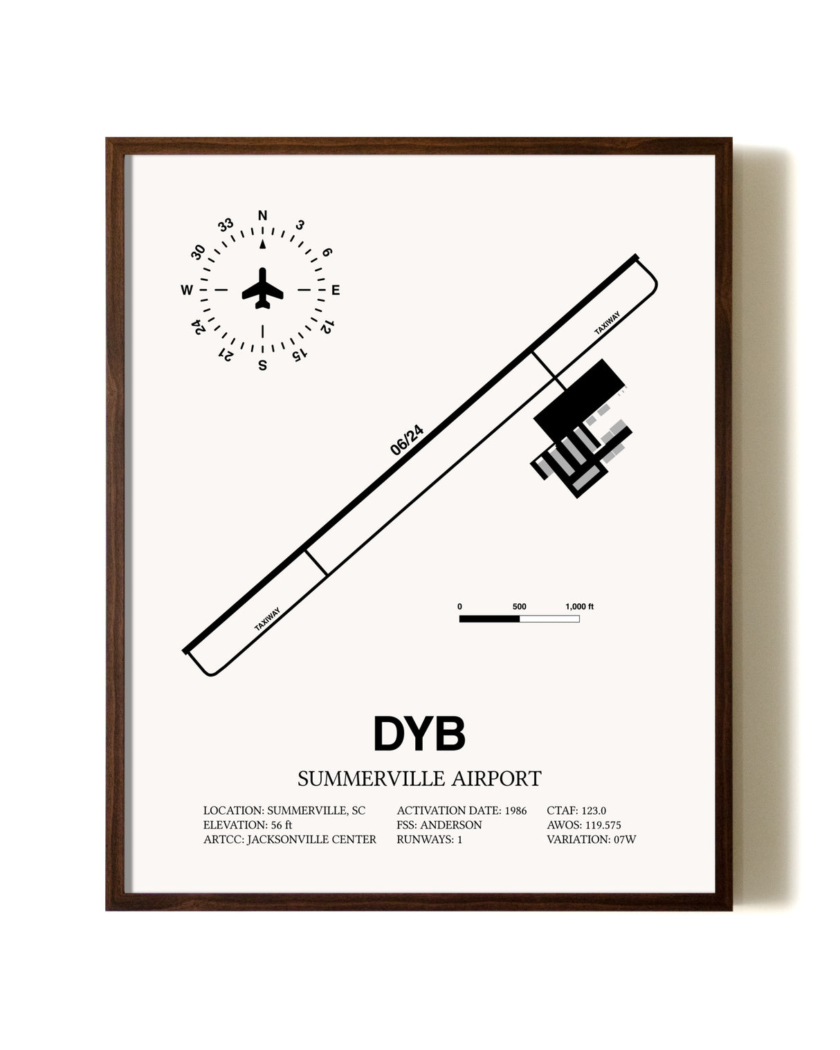 Summerville Airport aviation print in walnut frame