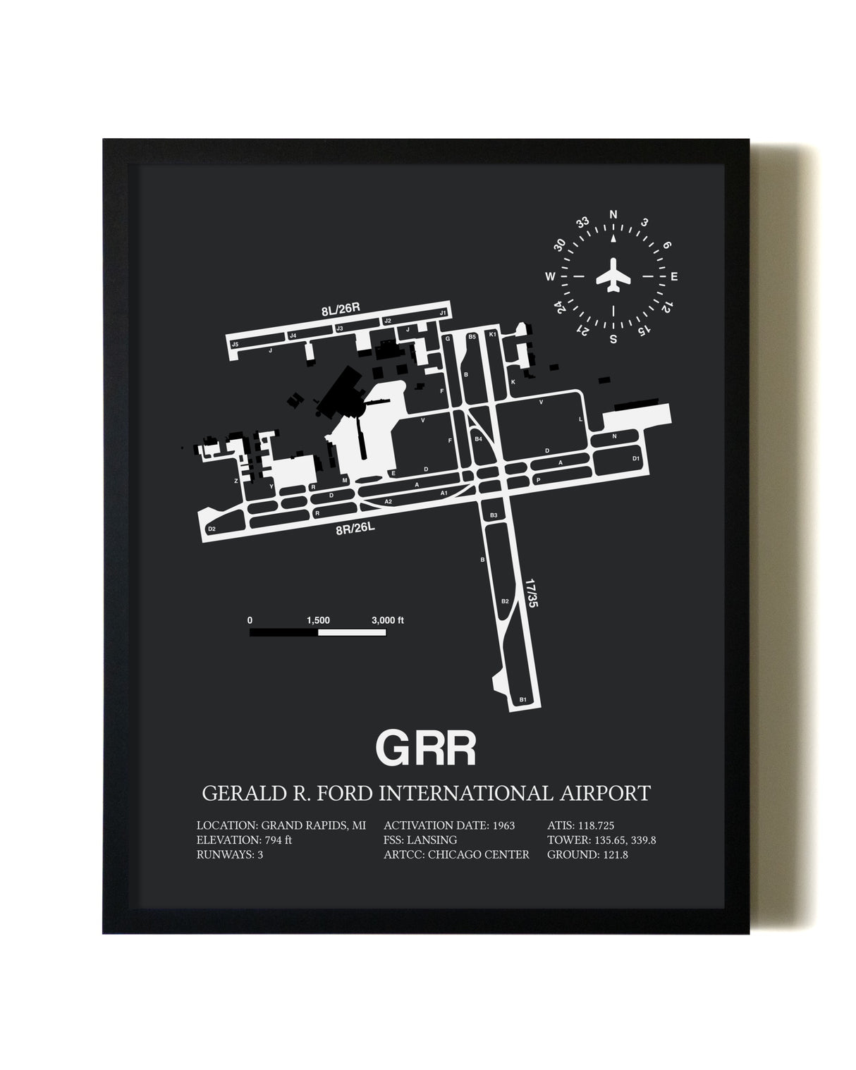 Unframed Gerald R. Ford International Airport map print poster