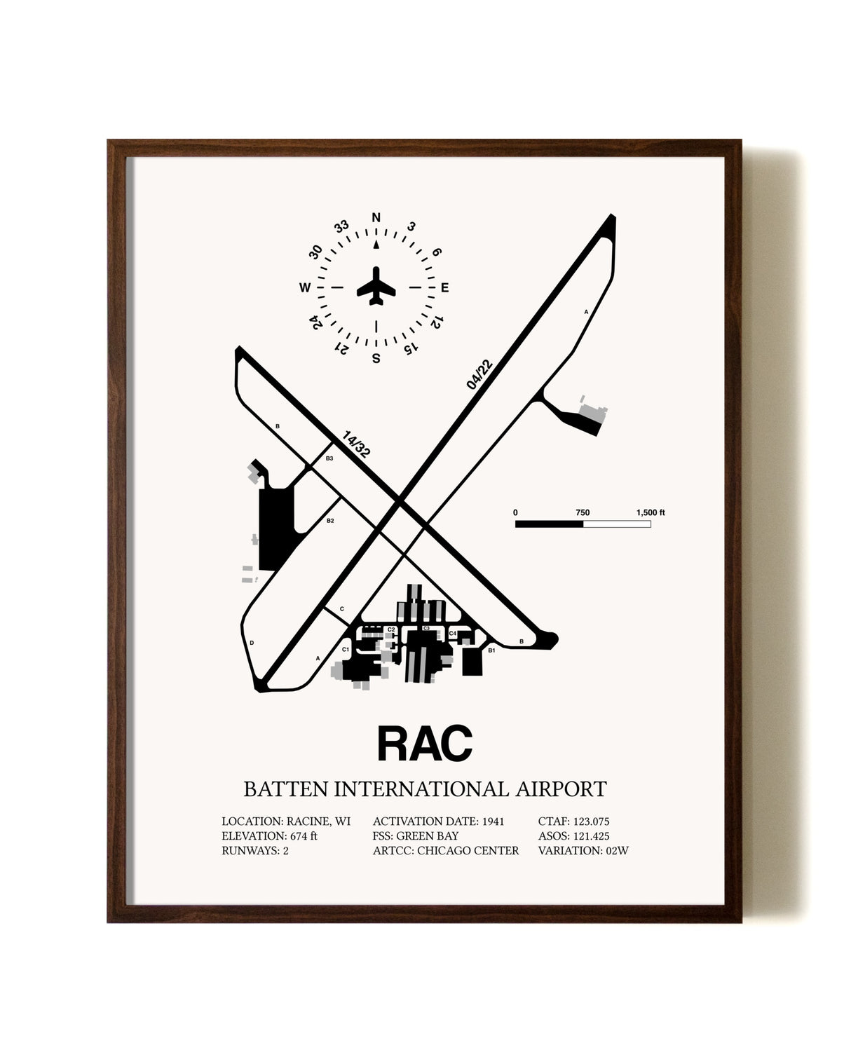 Batten International Airport aviation print in walnut frame