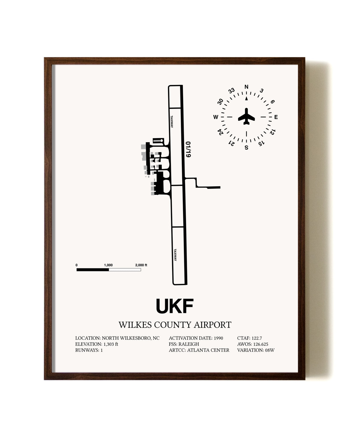 Wilkes County Airport aviation print in walnut frame