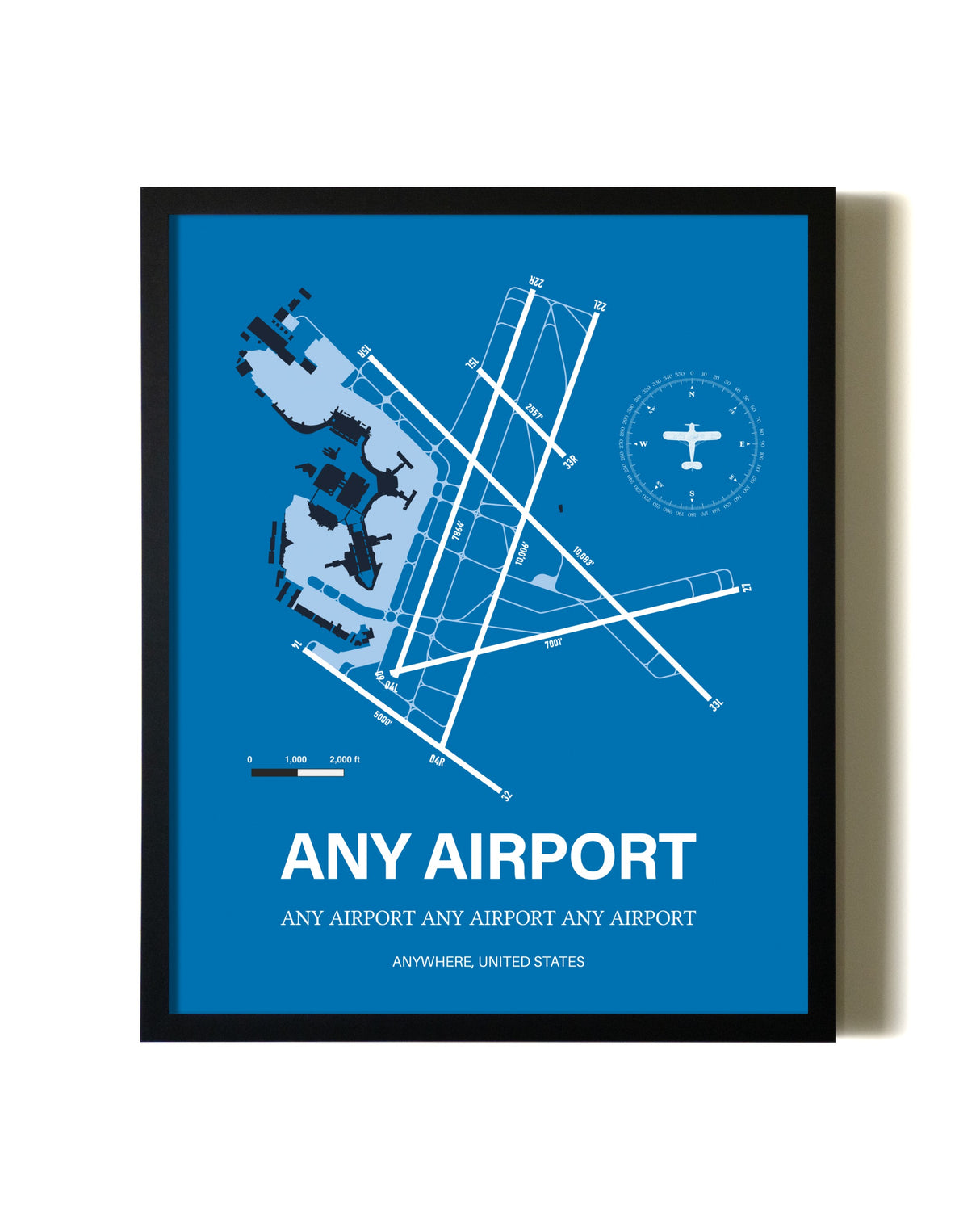 Sky Blue Any Airport aviation wall décor in black wood frame