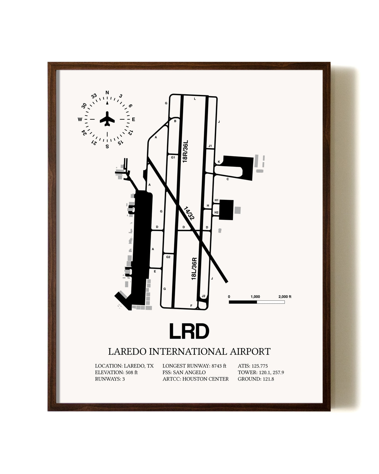Laredo International Airport aviation print in walnut frame