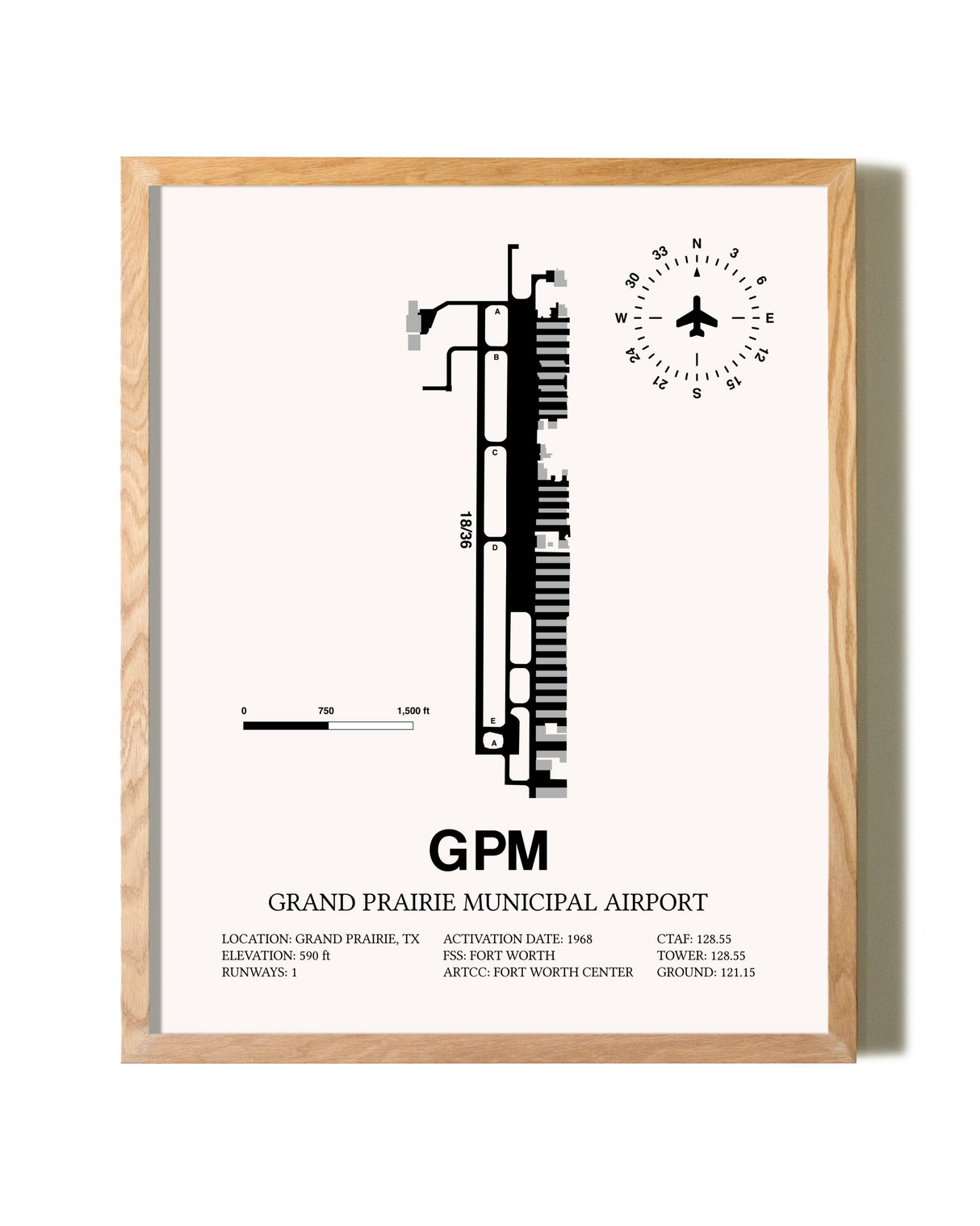 Grand Prairie Municipal Airport framed print in natural wood frame
