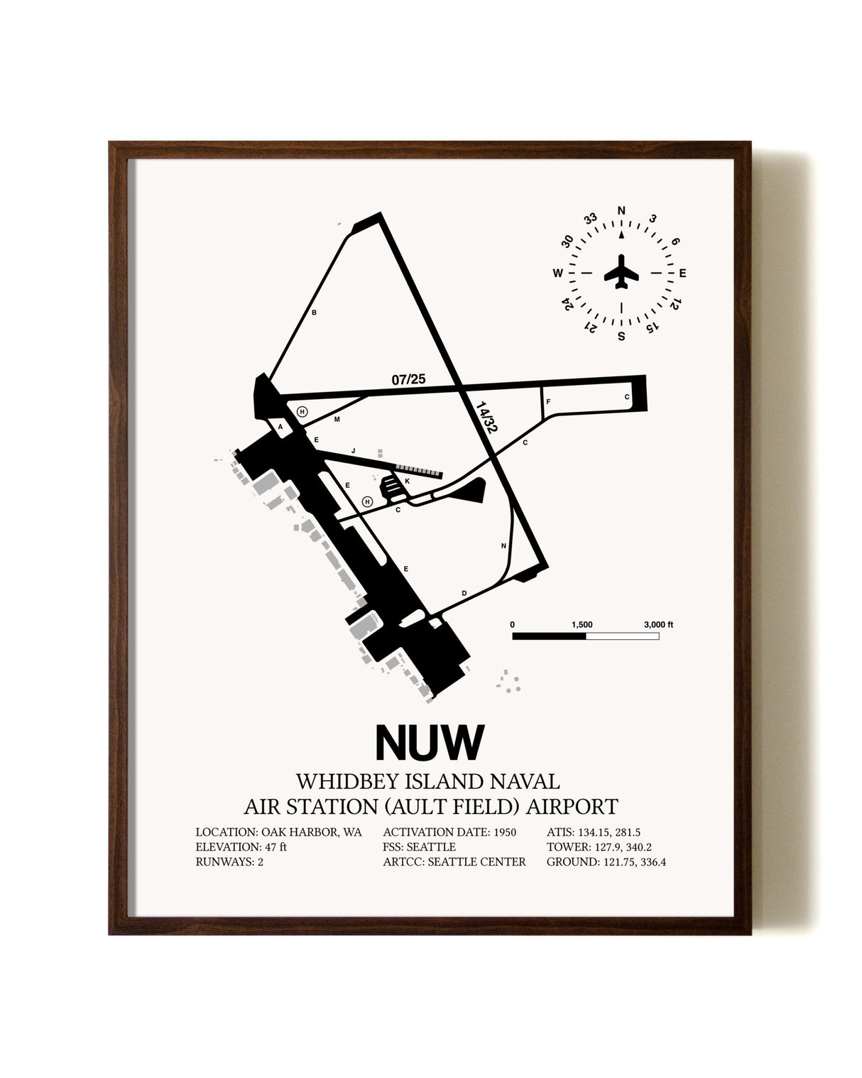 Whidbey Island Naval Air Station (Ault Field) Airport aviation print in walnut frame