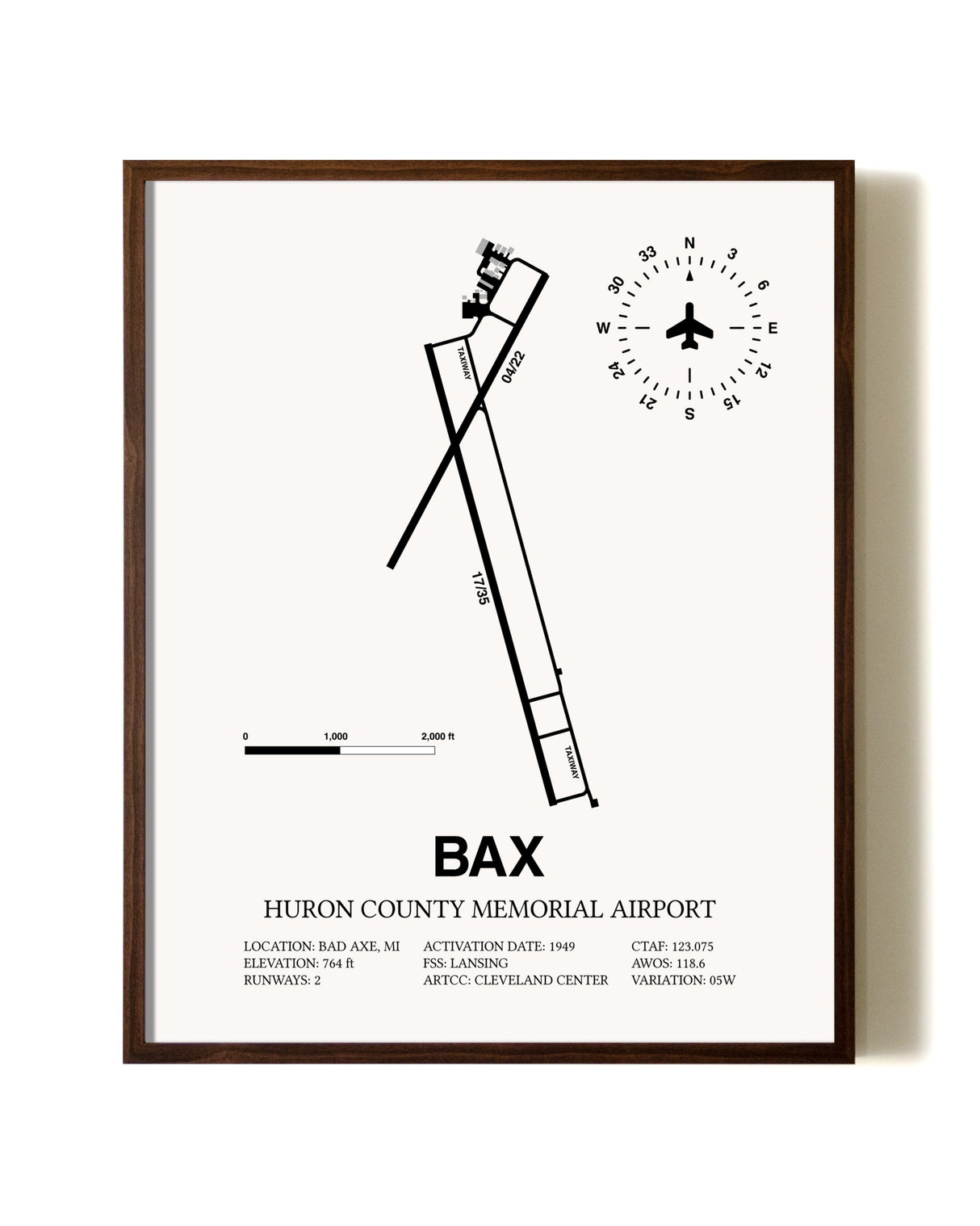 Huron County Memorial Airport aviation print in walnut frame